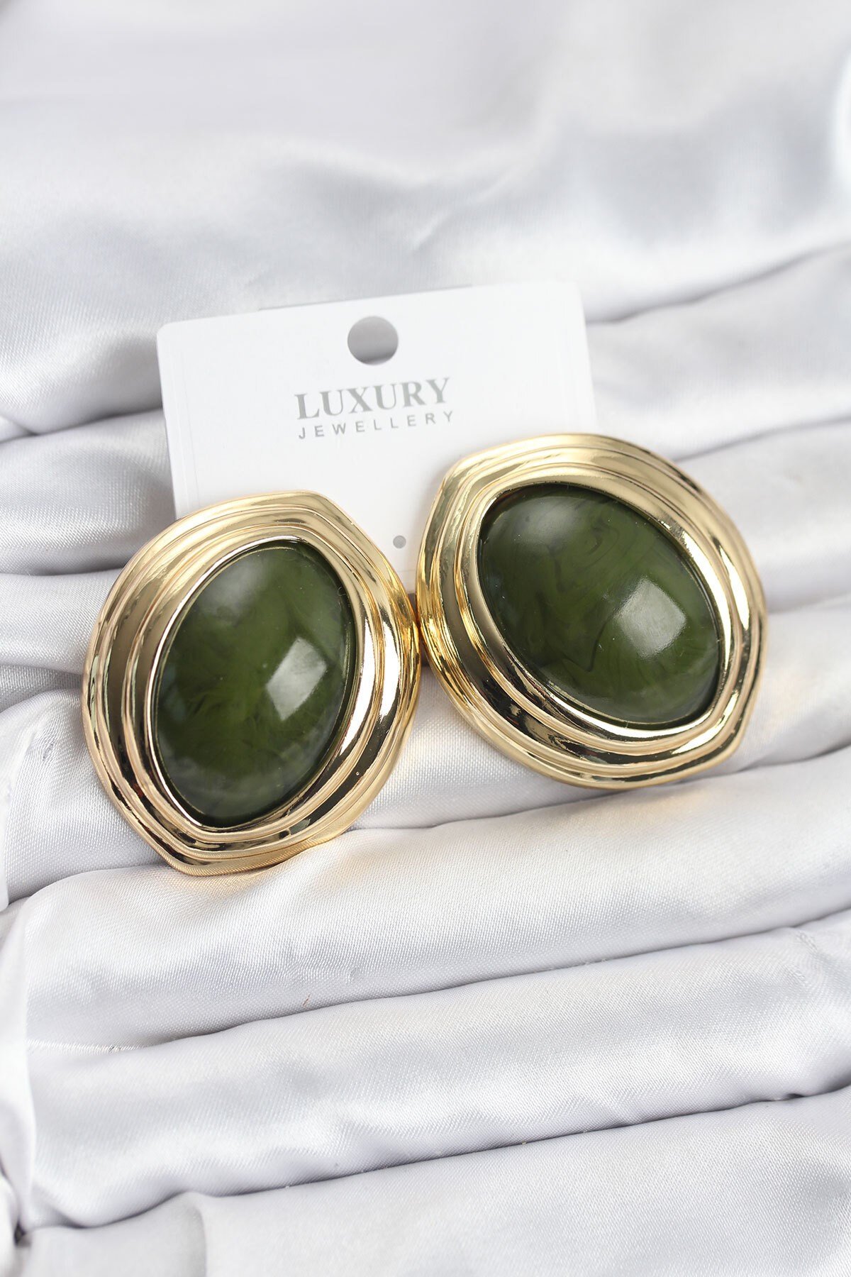 Pirinç Yeşil Badem Model Vintage Gold Kadın Küpe