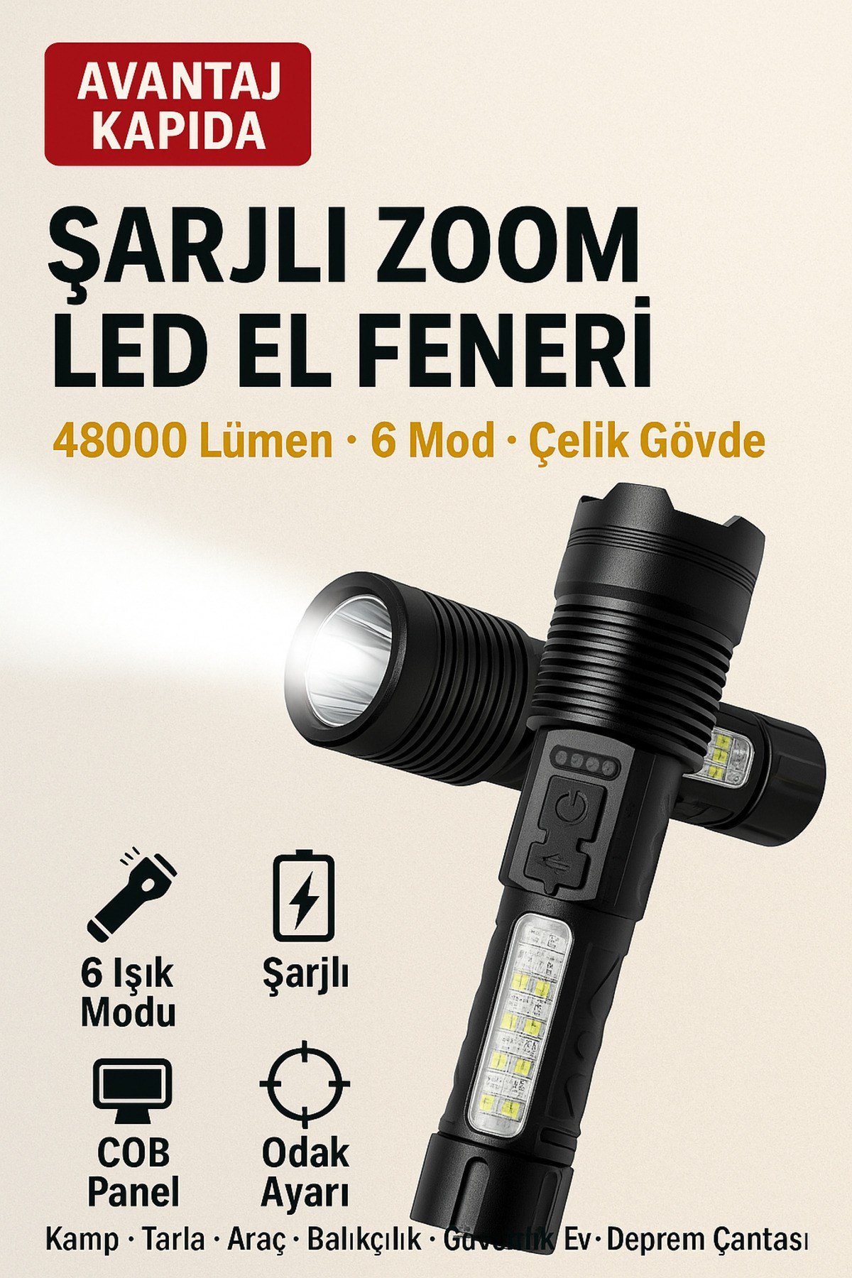 Şarjlı Zoom Led El Feneri 48000 Lümen Çelik Gövde 6 Modlu Kamp Tarla Araç Balıkçı Acil Durum