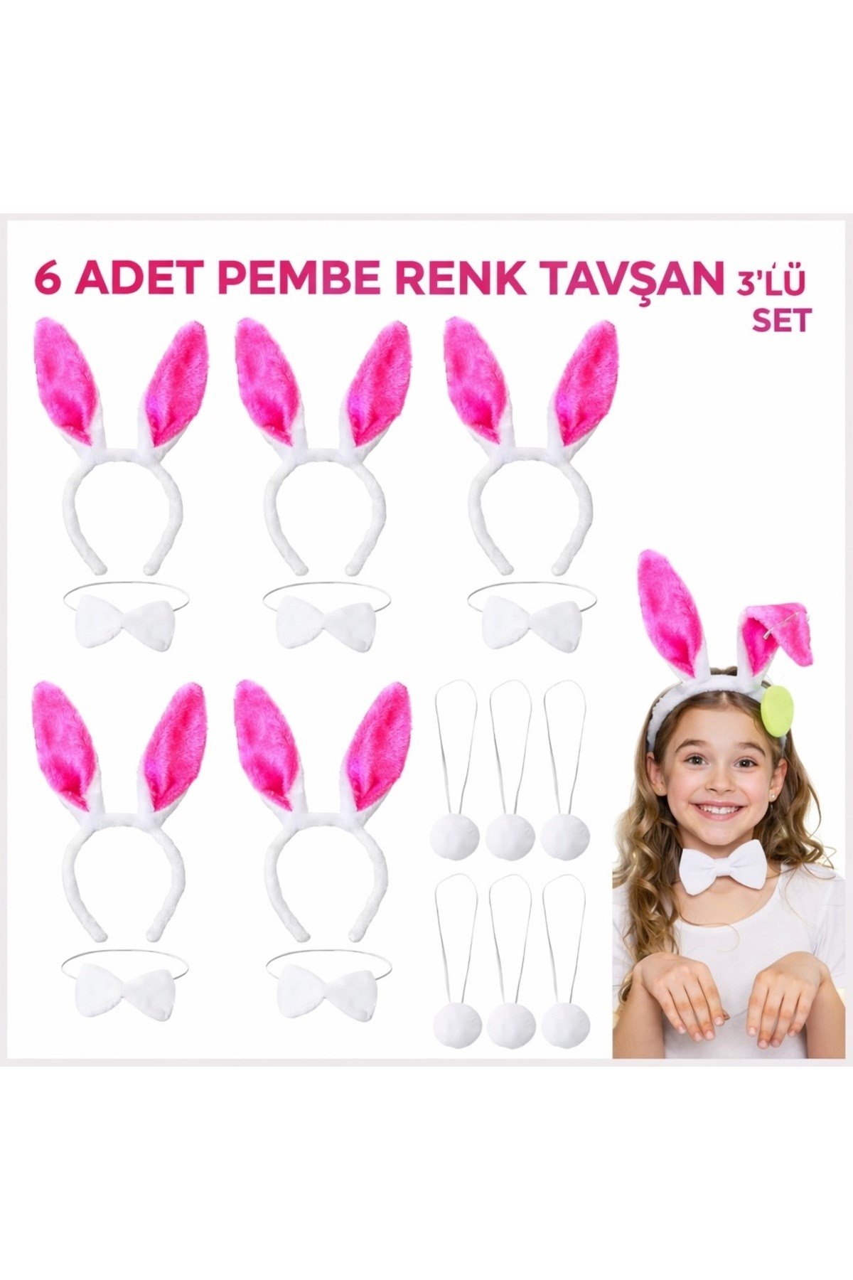 Şeker Pembesi Tavşan Sahne Seti 6'lı Set Taç Papyon Kuyruk
