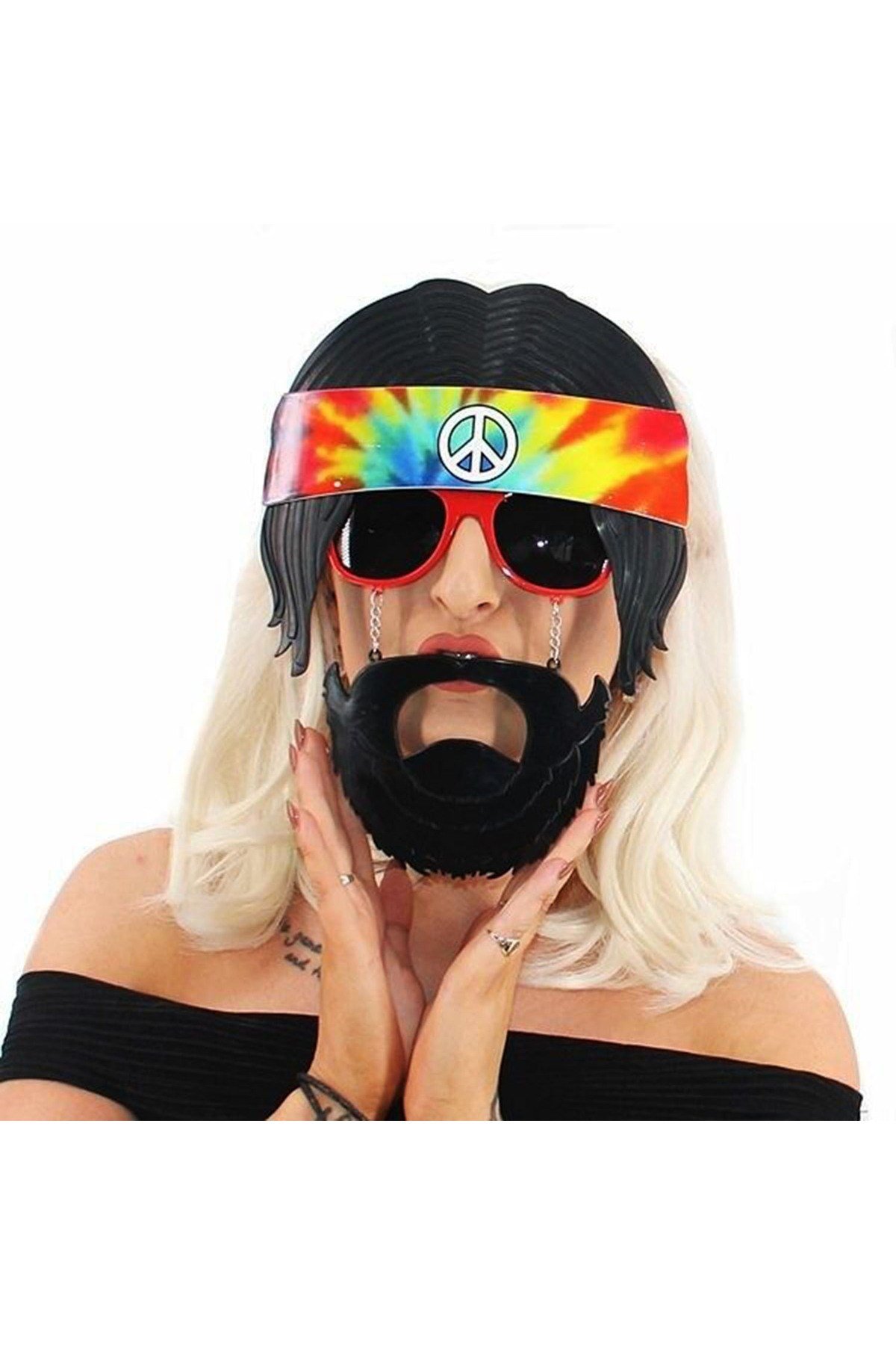 Siyah Saçlı Bandana Tasarımlı Hippi Parti Gözlüğü 26x18 cm