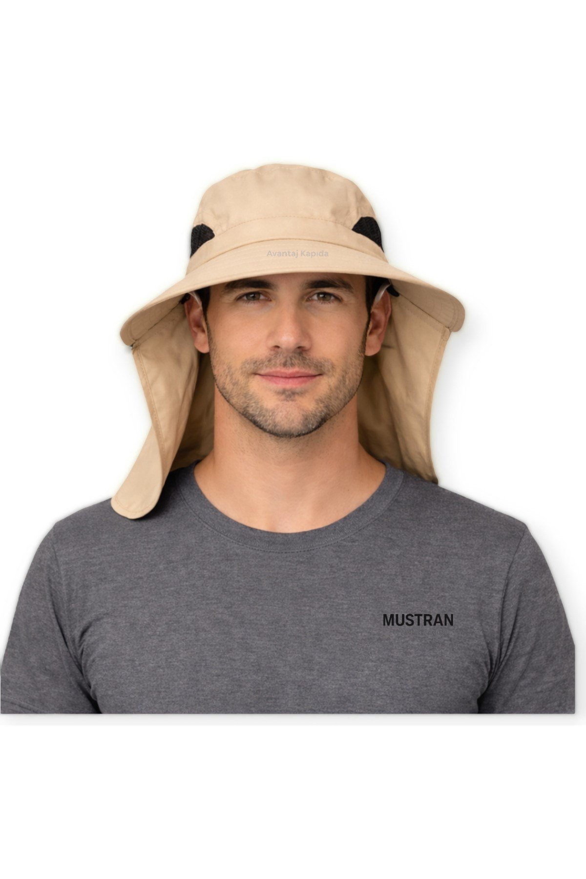 Sök Tak Maskeli Enseli Güneş Şapkası Güneş Korumalı Unisex Outdoor Yazlık Şapka-Krem