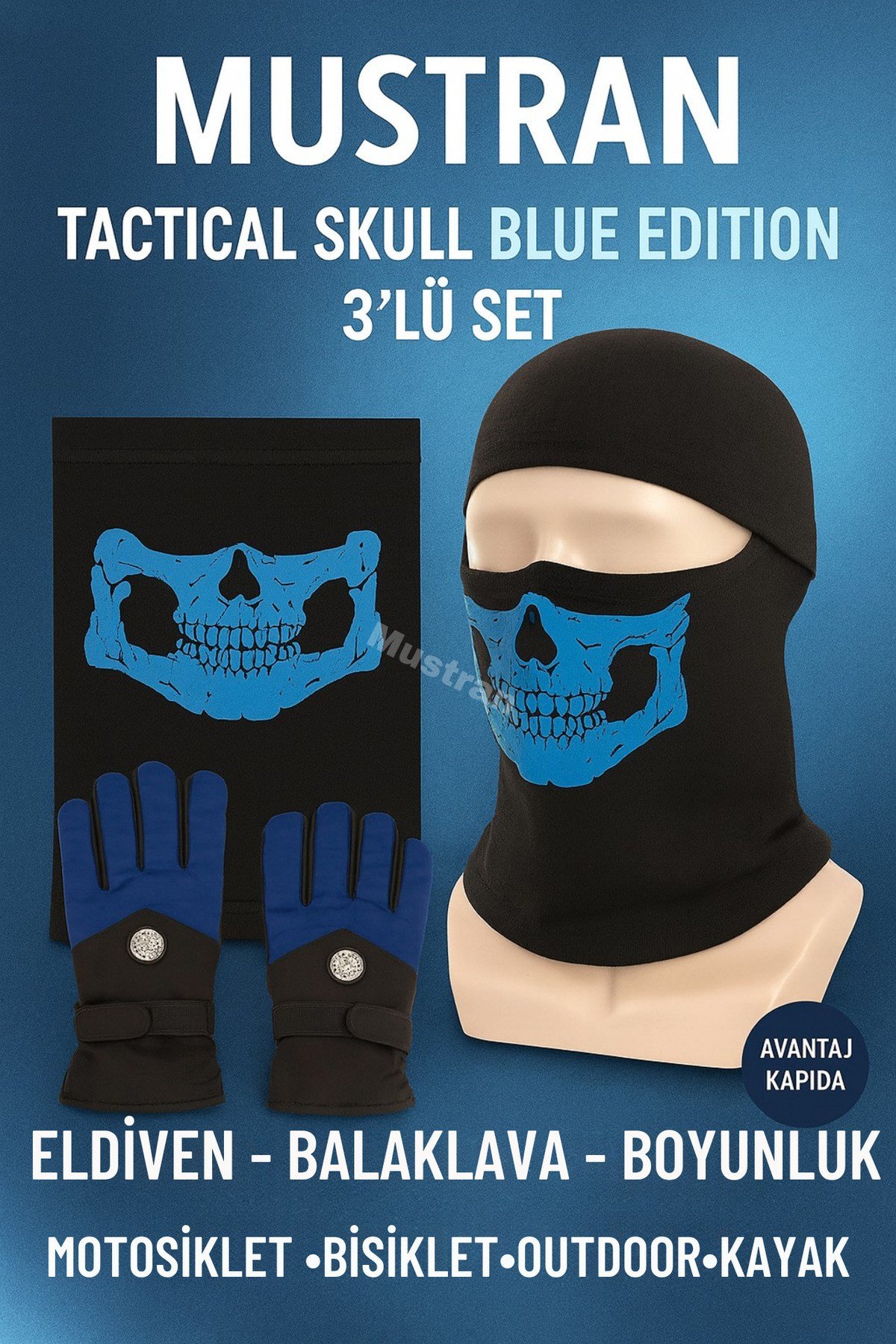 Tactical Skull Blue Edition 3’lü Set – Eldiven + Boyunluk + Balaklava Kar Kayak motosiklet eldiveni