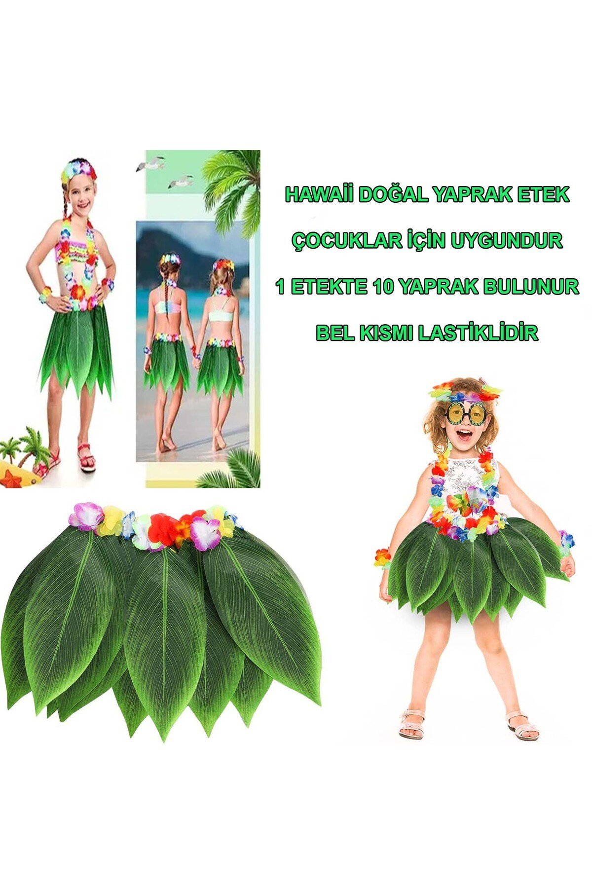 Tropikal Esintili Hawaii Yapraklı Parti Eteği Çocuk Boy