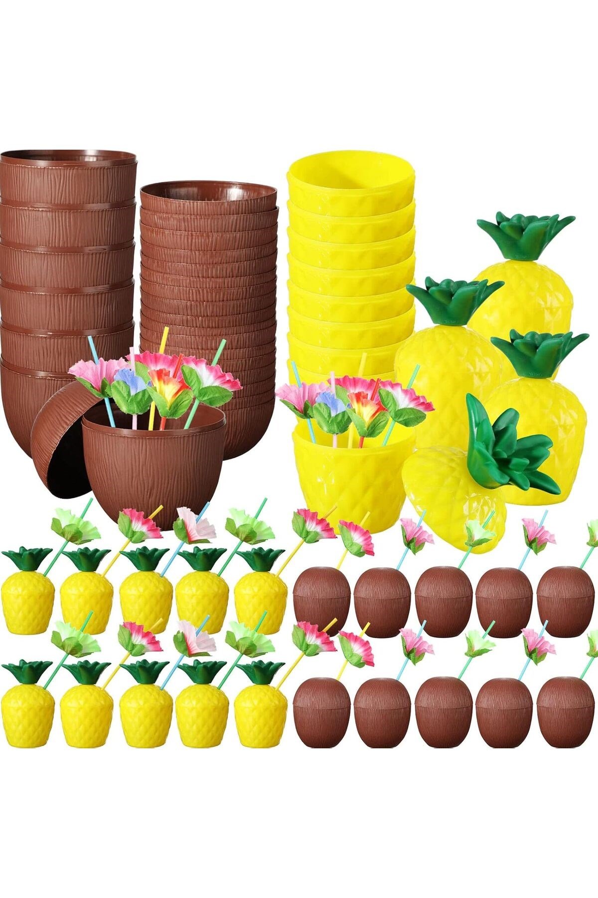Tropikal Parti Bardak Seti – Ananas ve Hindistan Cevizi Şekilli Pipetli Bardaklar (20 Adet)