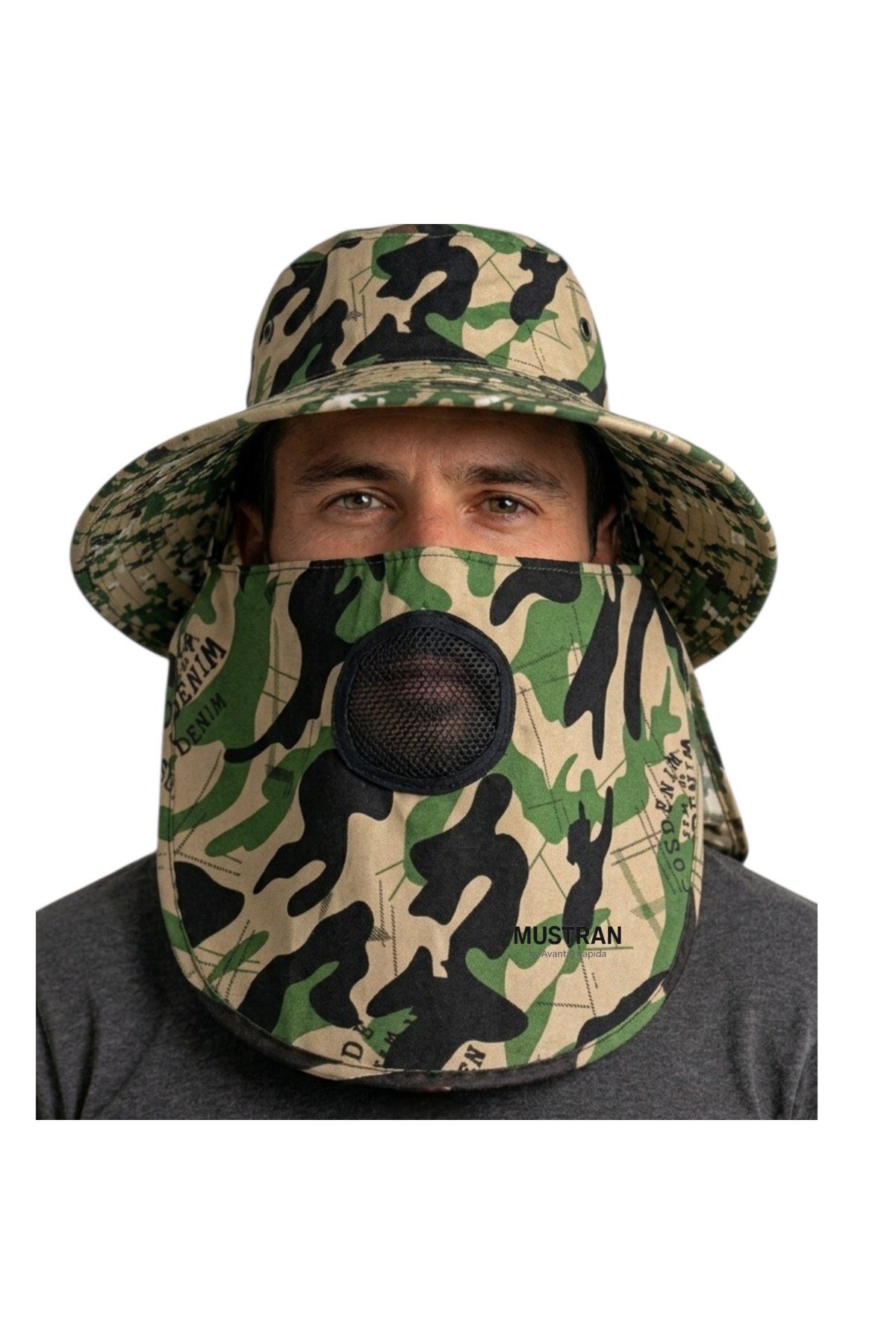 UV Korumalı Sabit Maskeli (Arkaya Alınabilir) Enseli Güneş Şapkası Kamuflaj Unisex Yazlık Şapka