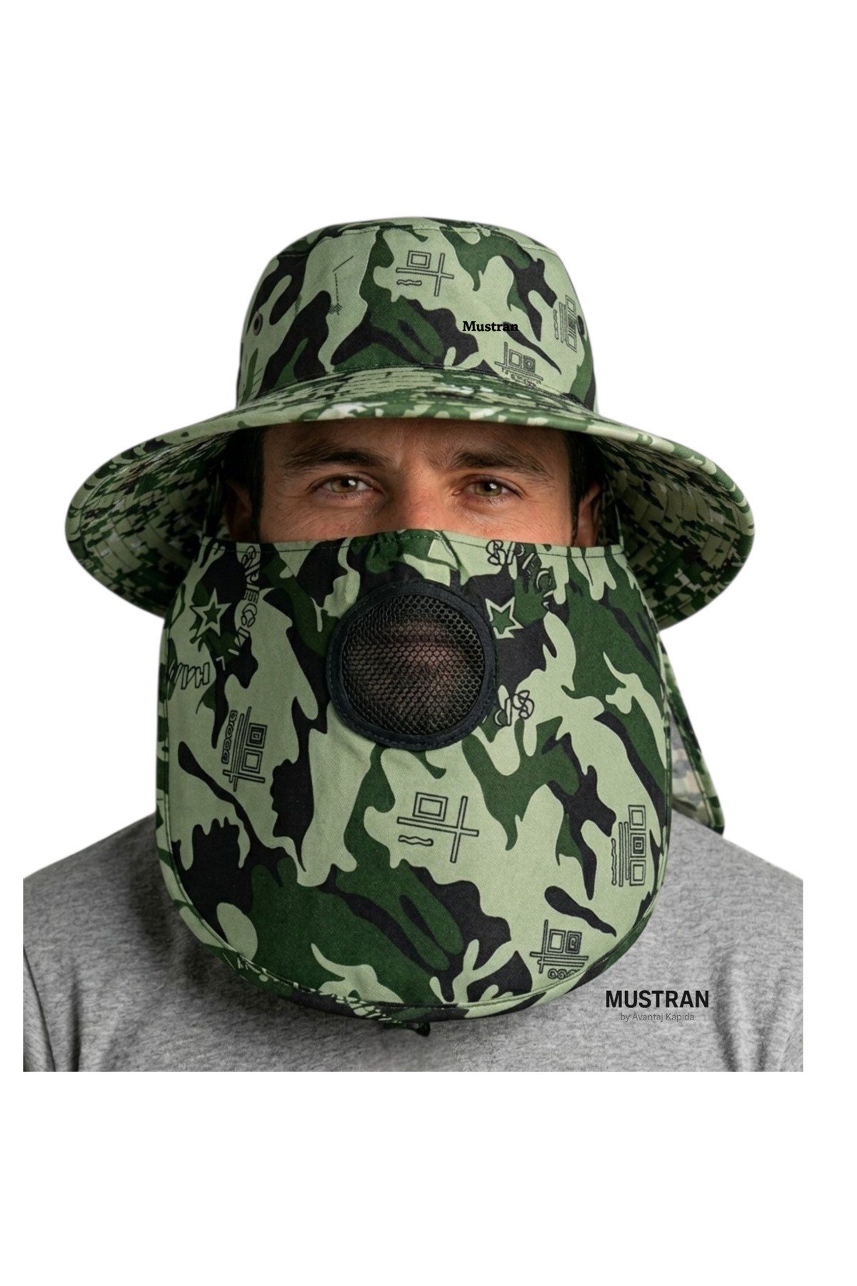 UV Korumalı Sabit Maskeli (Arkaya Alınabilir) Enseli Güneş Şapkası Kamuflaj Unisex Yazlık Şapka