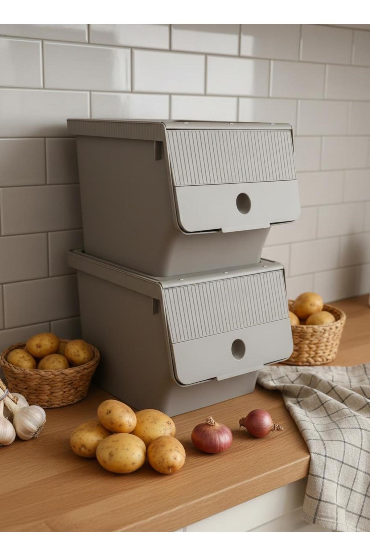 Vizon 2'Li 13,5 LT Modubox Kayar Kapaklı Saklama Kabı & Patates Soğan Kovası & Erzak Kutusu