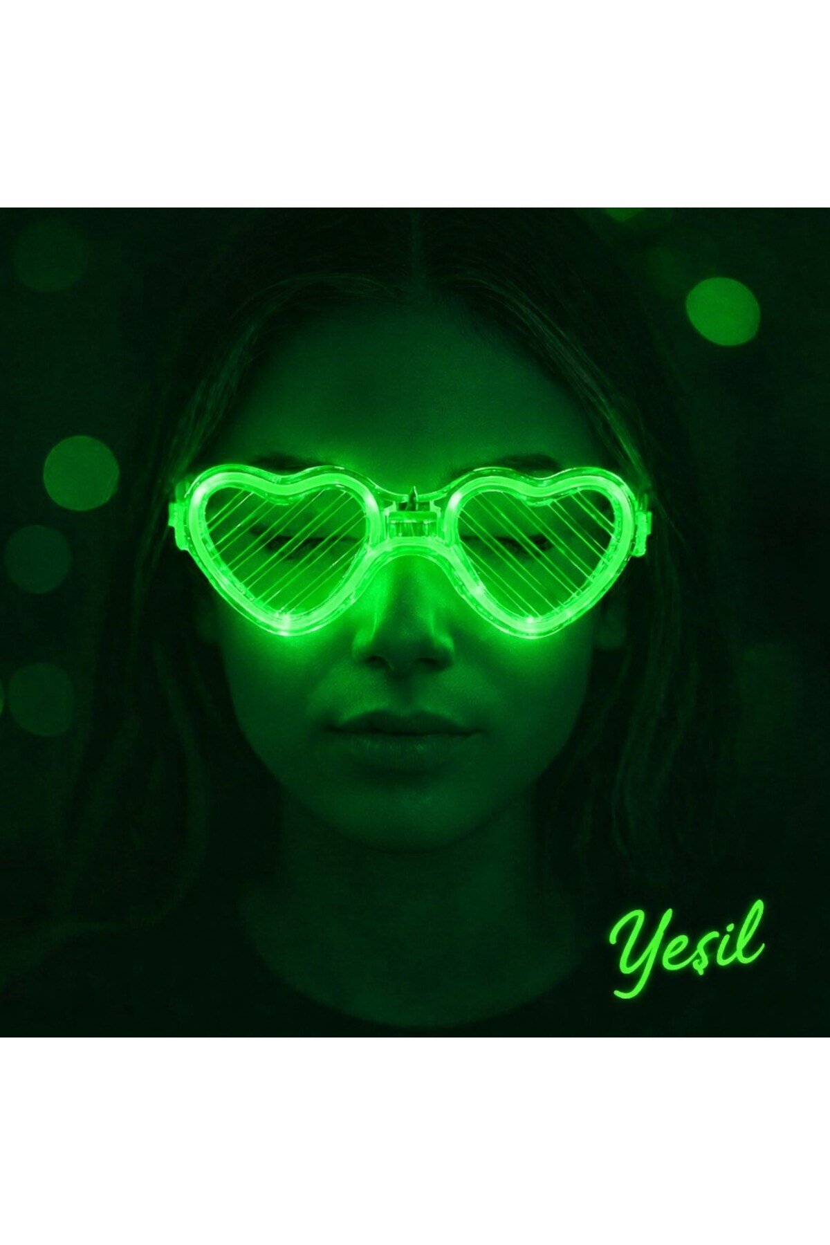 Yeşil LED Işıklı Kalp Gözlük – 3 Modlu Parti & Glow Gözlüğü