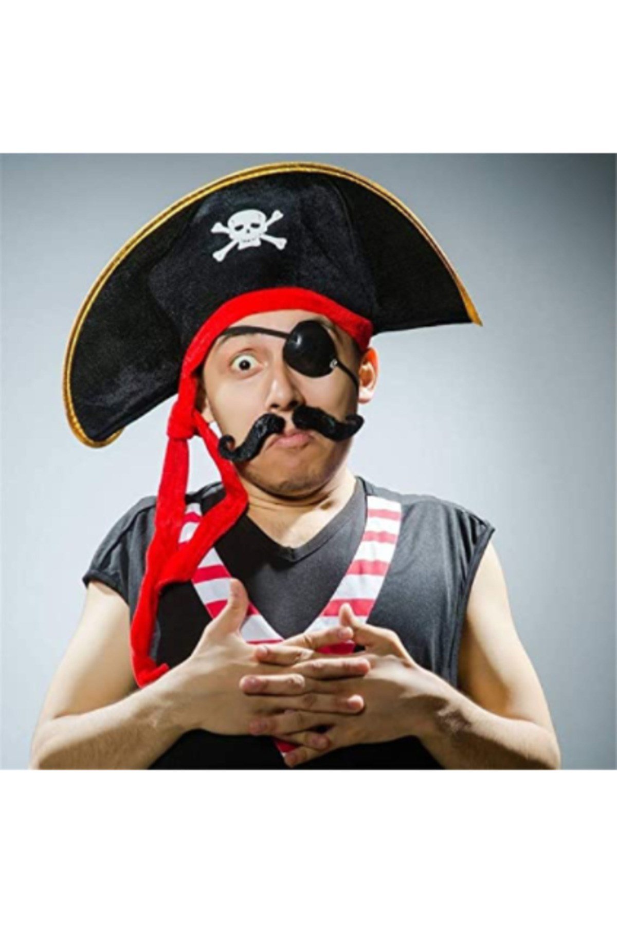 Yetişkin Boy Kadife Kaptan Jack Sparrow Korsan Şapkası ve Plastik Korsan Göz Maskesi