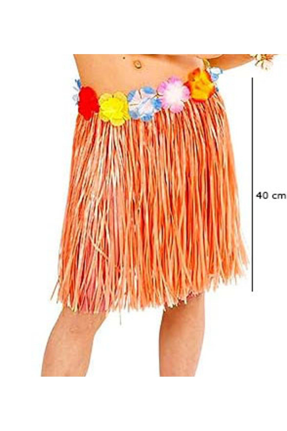 Yetişkin ve Çocuk Uyumlu Turuncu Renk Püsküllü Hawaii Luau Hula Etek 40 cm