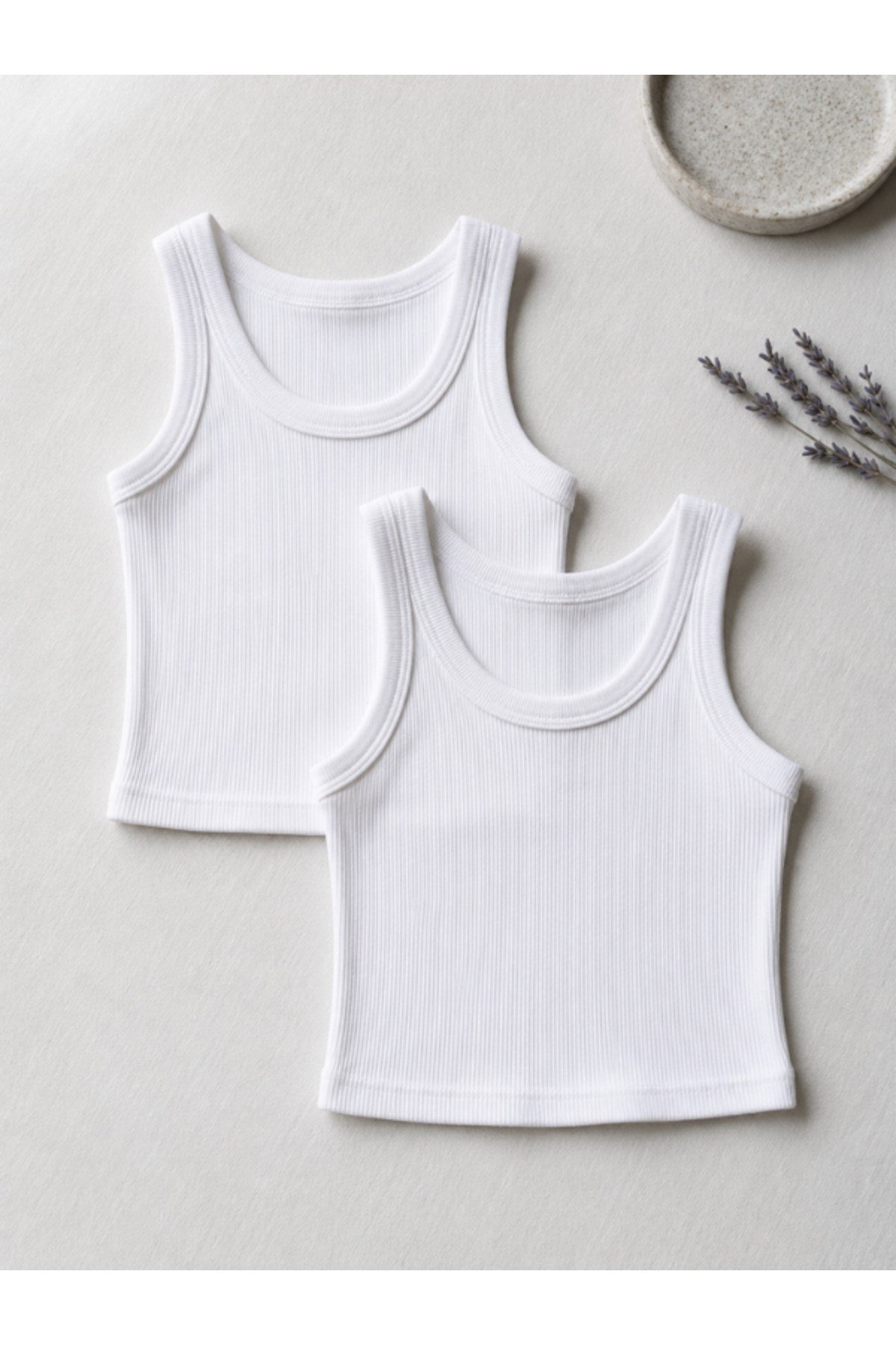 2'Li Kadın Beyaz Fitilli Crop Atlet Yumuşak Dokulu Esnek Basic Model-1001K