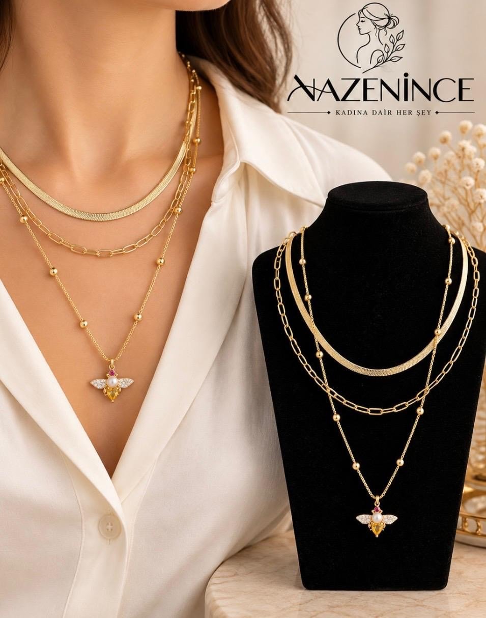 Kanat Figürlü Taş Uçlu Üç Katmanlı Kolye