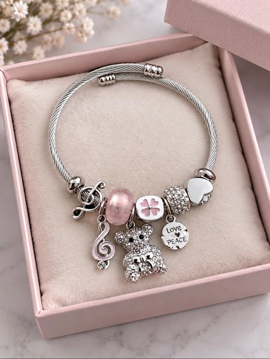 Pembe Ayıcık ve Sol Anahtarı Figürlü Charm Bileklik