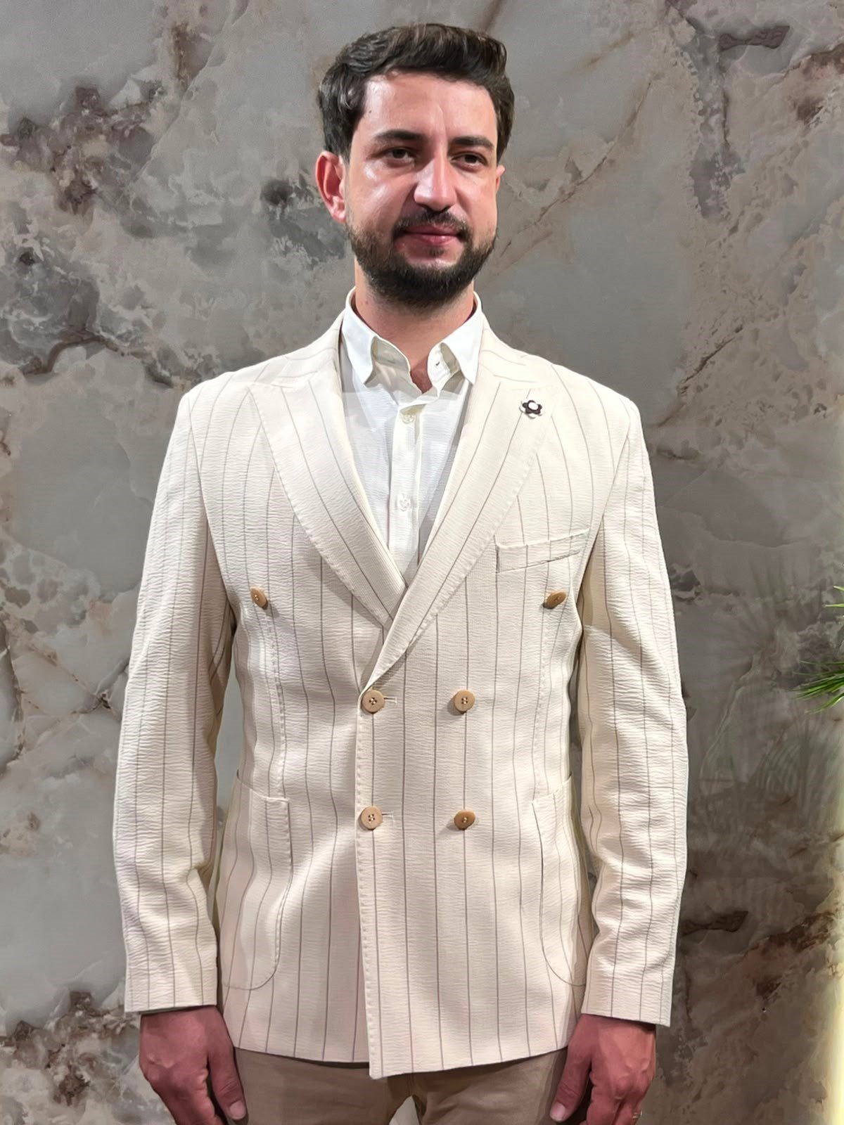 ERKEK KREM ÇİZGİLİ KRUVAZE BLAZER CEKET|SLİM FİT ÇİFT DÜĞMELİ PREMİUM CEKET