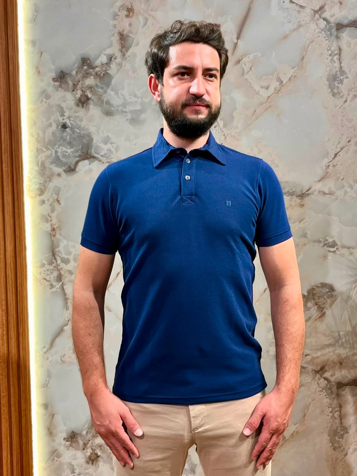 ERKEK LACİVERT POLO YAKA DOKULU TİŞÖRT 