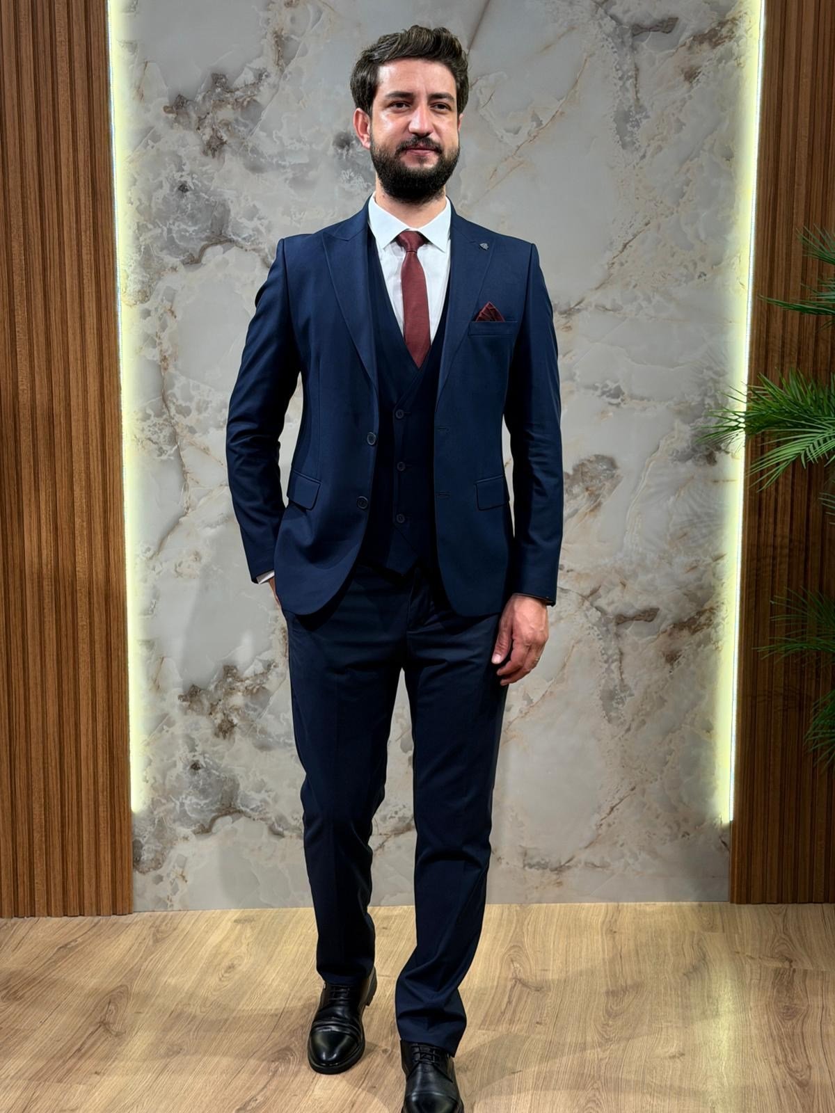 Lacivert Slim Fit Erkek Takım Elbise | Yelekli 3 Parça Takım