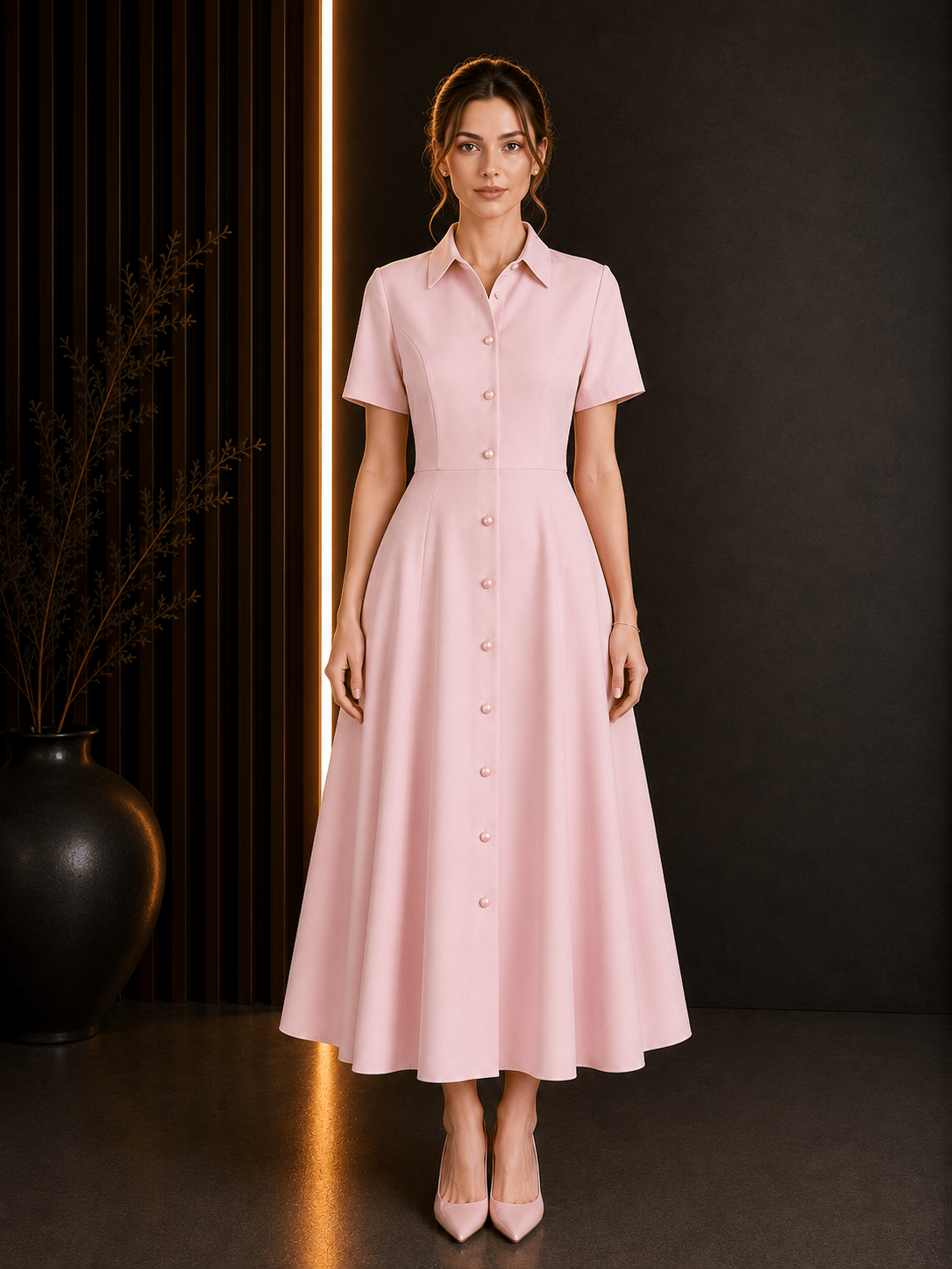PEMBE İNCİ DETAYLI MİDİ ELBİSE