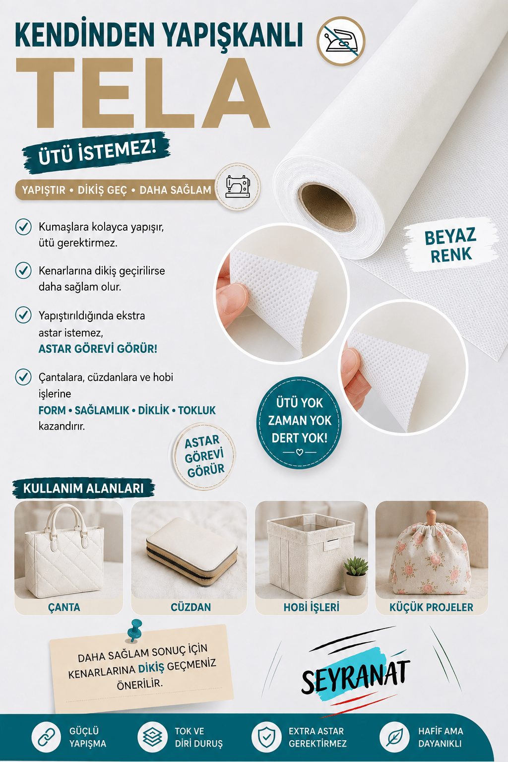 1 Metre 120 Gr Eni 78 Cm Kendinden Yapışkanlı Beyaz Tela