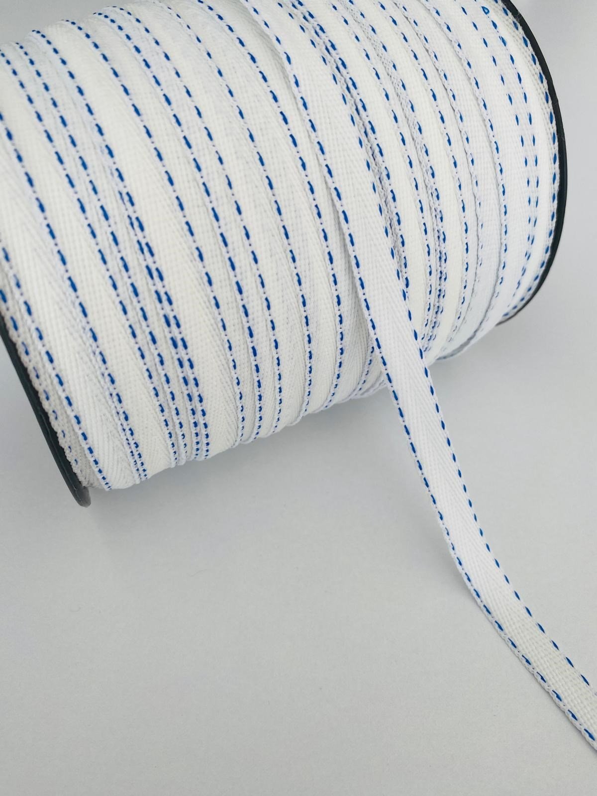5 Metre Eni 1 Cm Beyaz Mavi Çizgili Polyester Biye