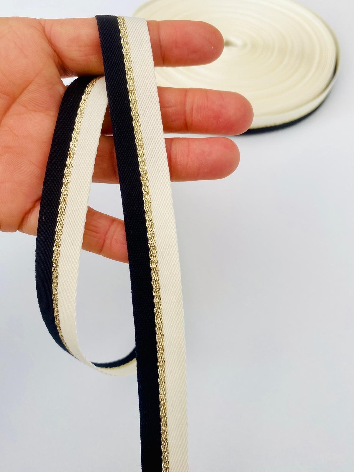 5 Metre Eni 1.5 Cm Ekru Lacivert Simli Polyester Biye