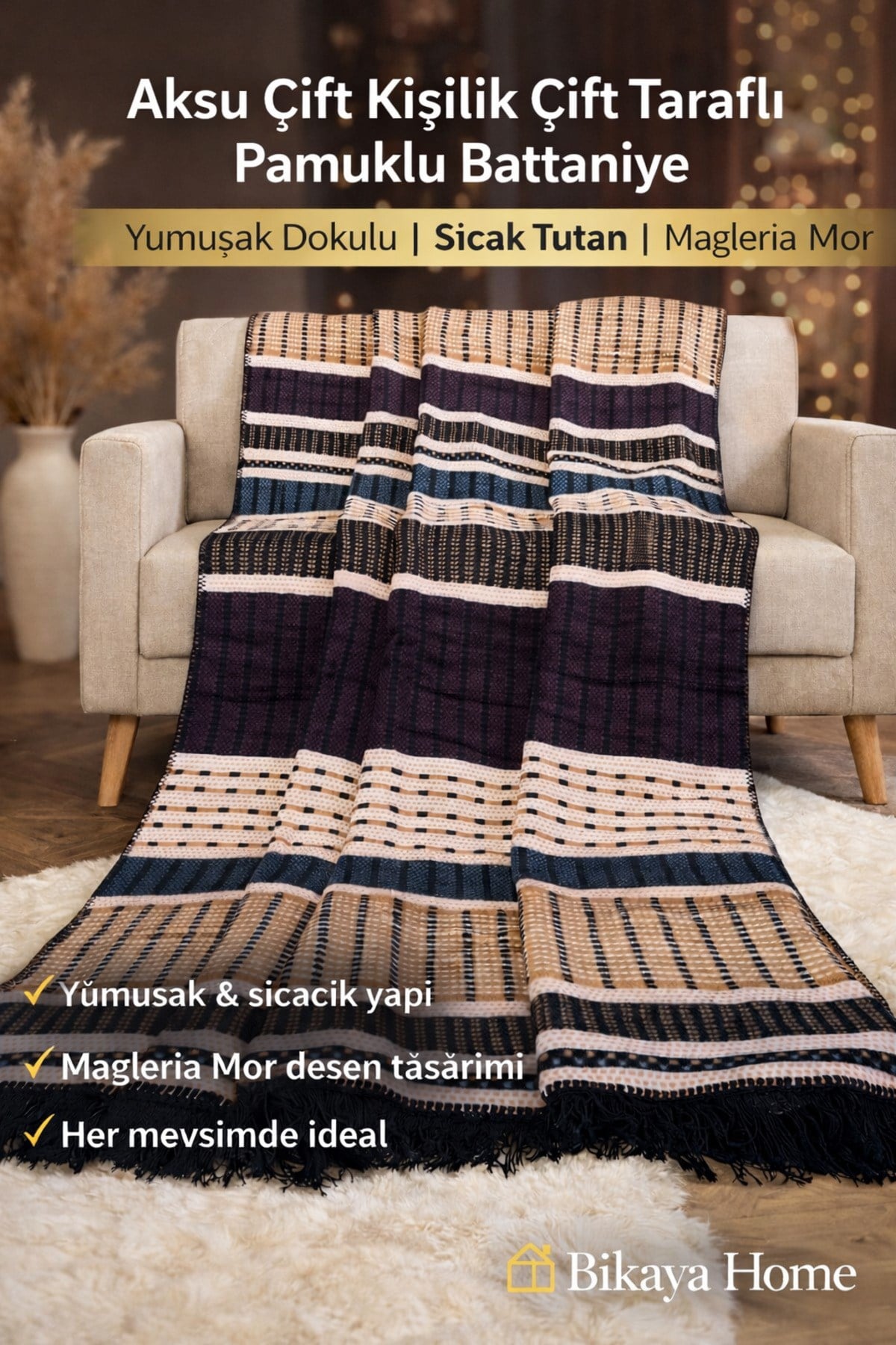 Aksu Çift Kişilik Çift Taraflı Pamuklu Battaniye | 180x220 | Yumuşak Dokulu | Sıcak Tutan | Magleria