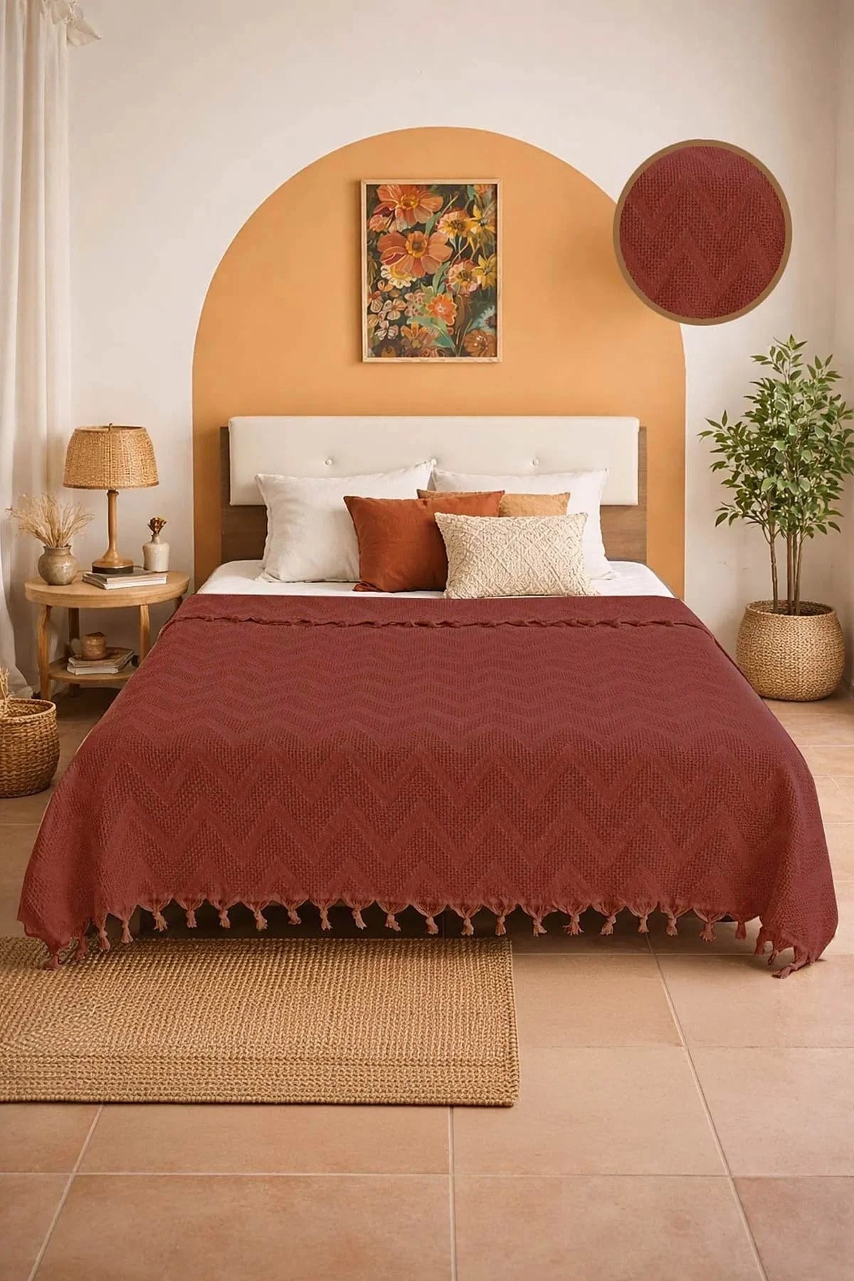 Bohem Elit Jakarlı Çift Kişilik Pamuklu Pike | 200x230 cm | Saçak Detaylı | Modern & Doğal Şıklık