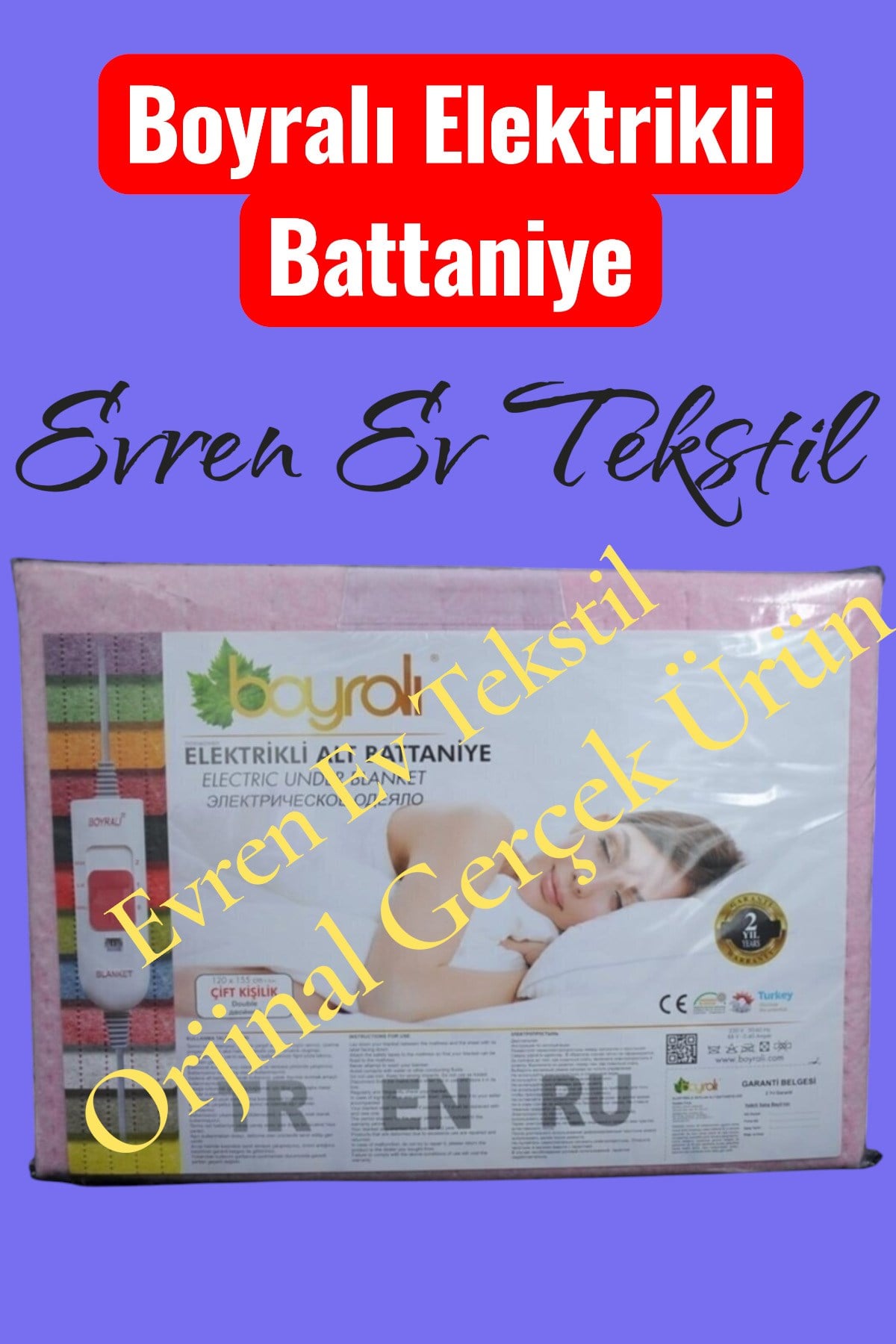 Boyralı Çift Kişilik Elektirikli Battaniye Keçeli