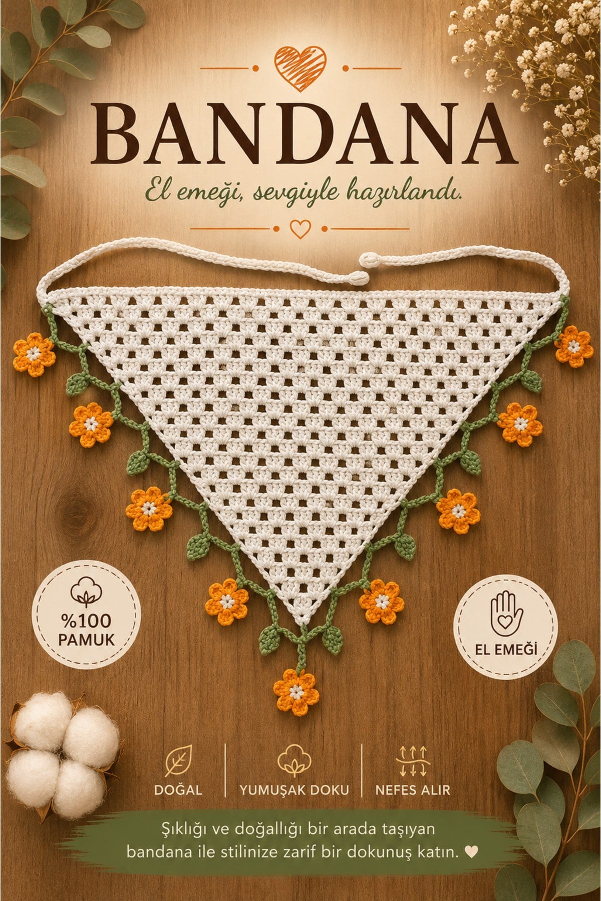 El Yapımı Örgü Bandana | %100 Pamuk | Çok Amaçlı Bel Şalı | Yazlık & Hediyelik