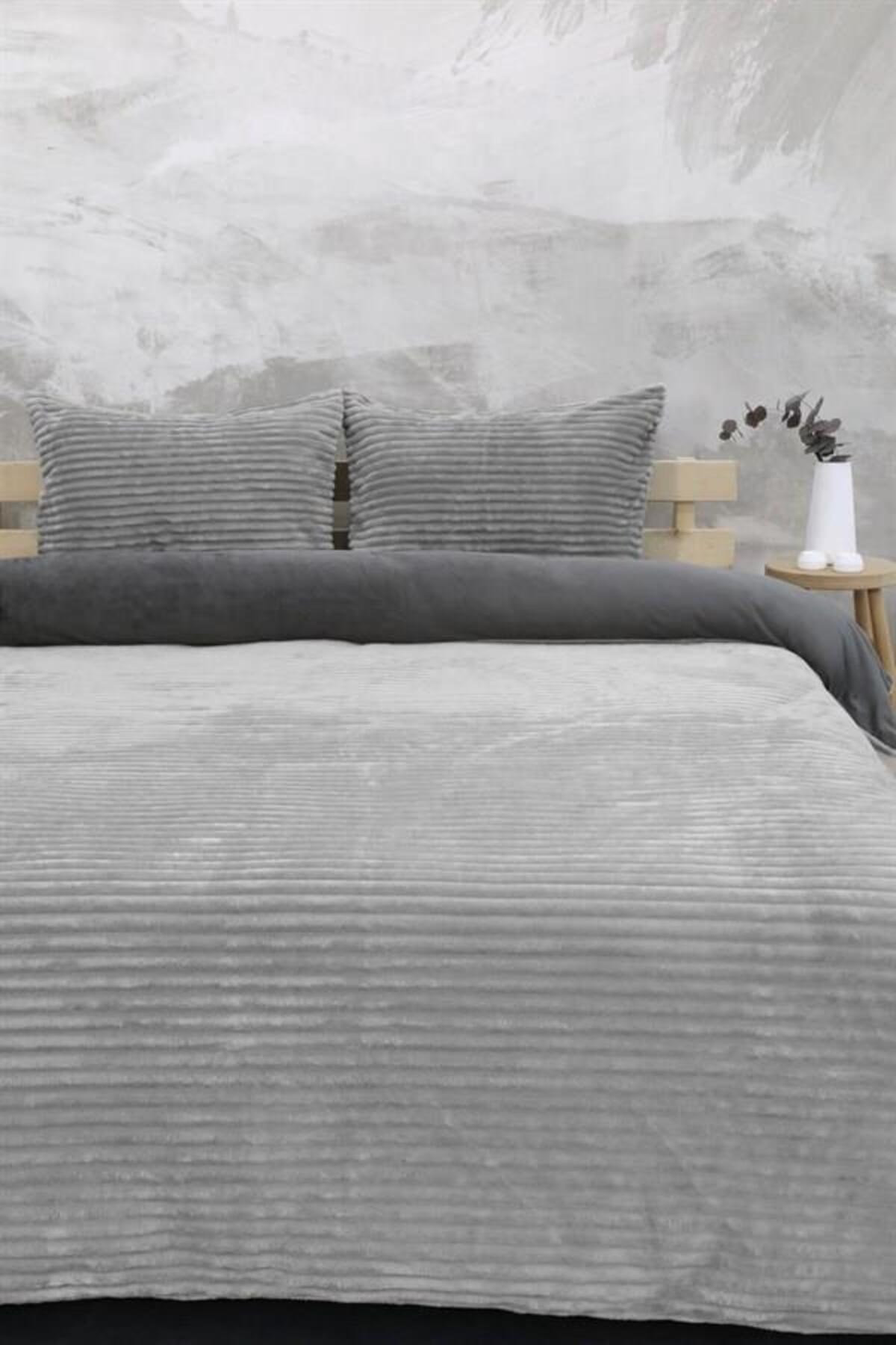 Eternity Fitilli Peluş Çift Kişilik Nevresim Takımı - Gri