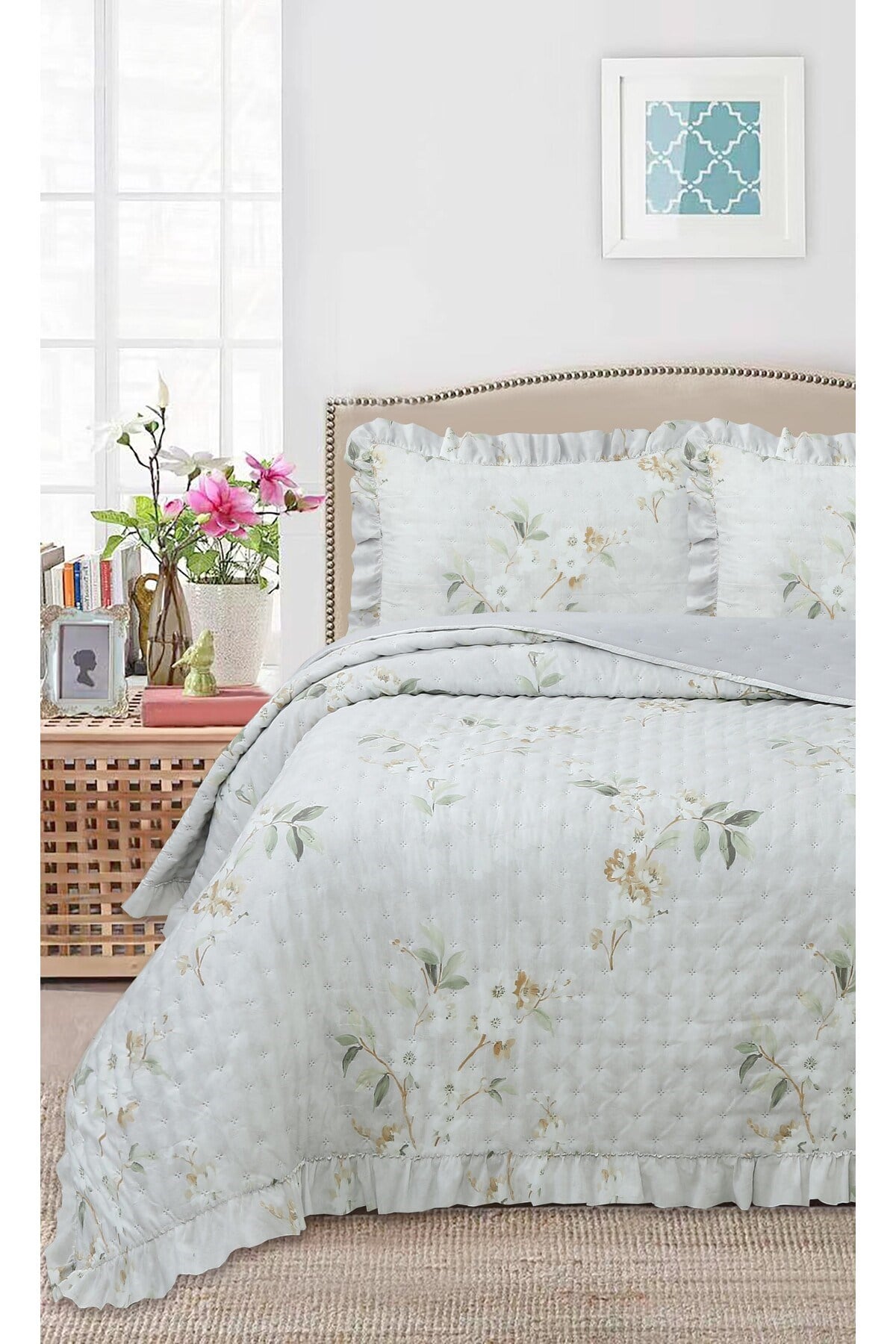 Fırfırlı Desenli Çift Kişilik Yatak Örtüsü Seti - 240x260 cm - Pvc Çantalı - Günlük ve Çeyizlik