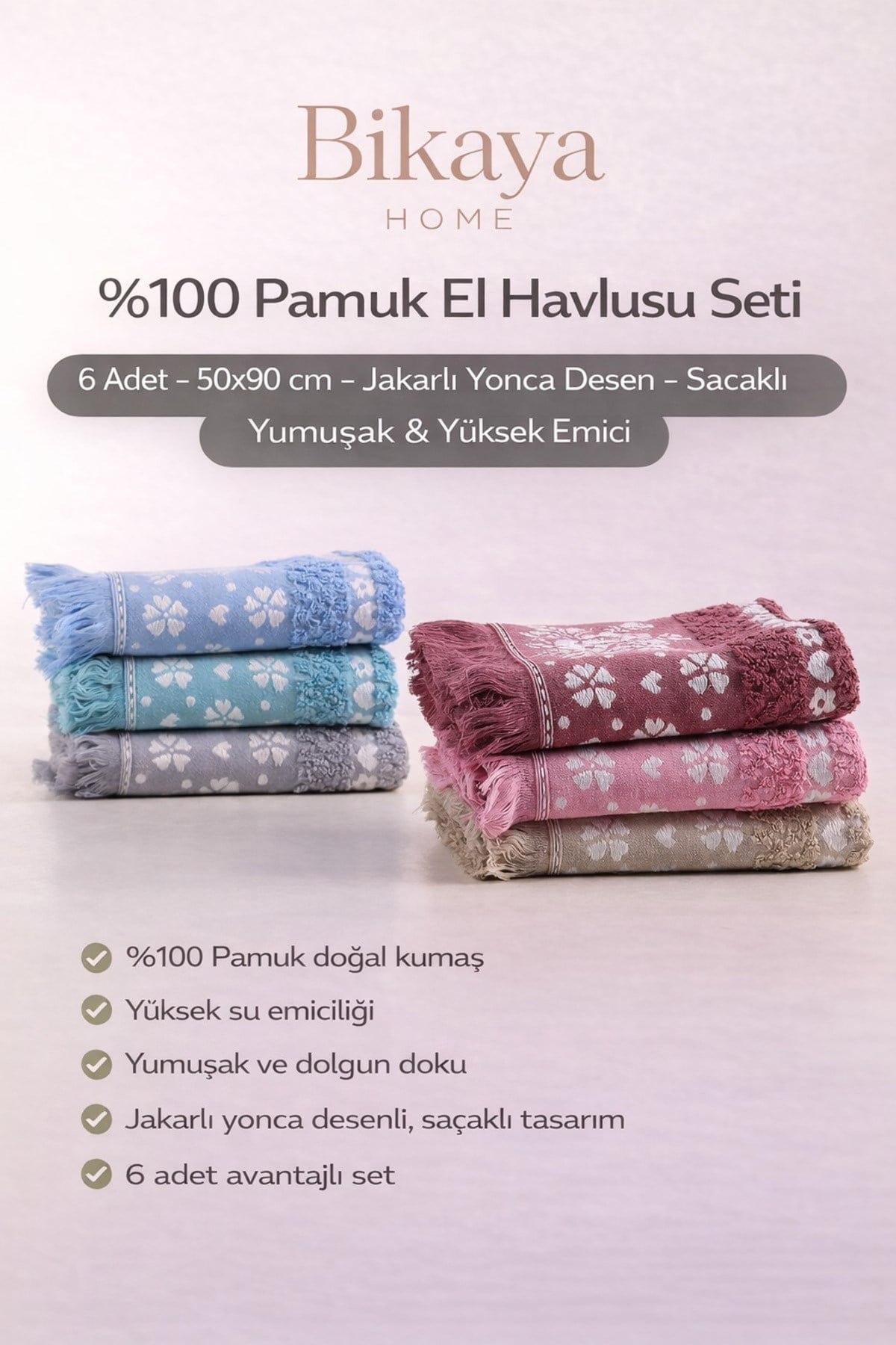 Jakarlı Saçaklı Renkli El Havlusu Seti | 6 Adet | 50x90 cm | %100 Pamuk | Yumuşak & Yüksek Emici