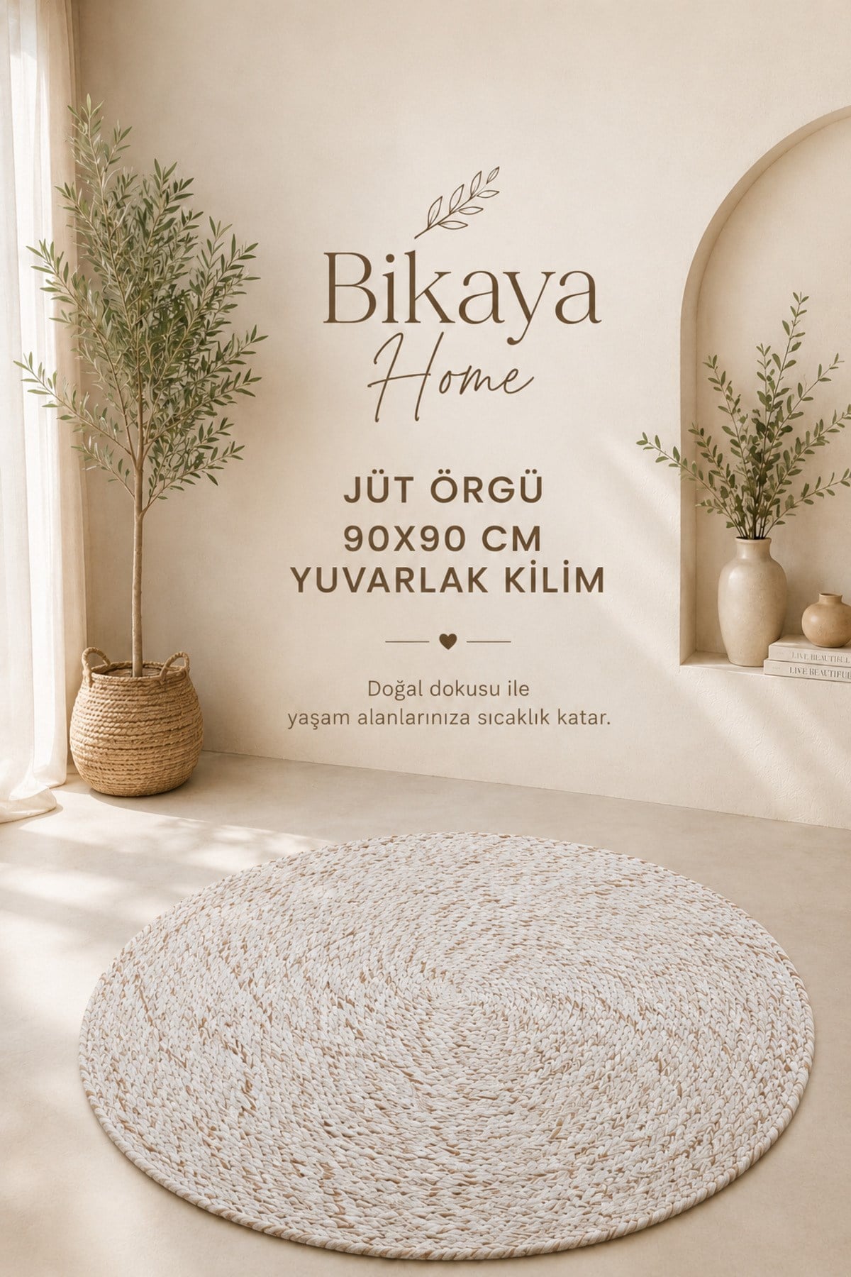 Jüt Örgü Yuvarlak Kilim | 90x90 cm | Doğal Dokulu | Bohem, Modern ve İskandinav Dekor