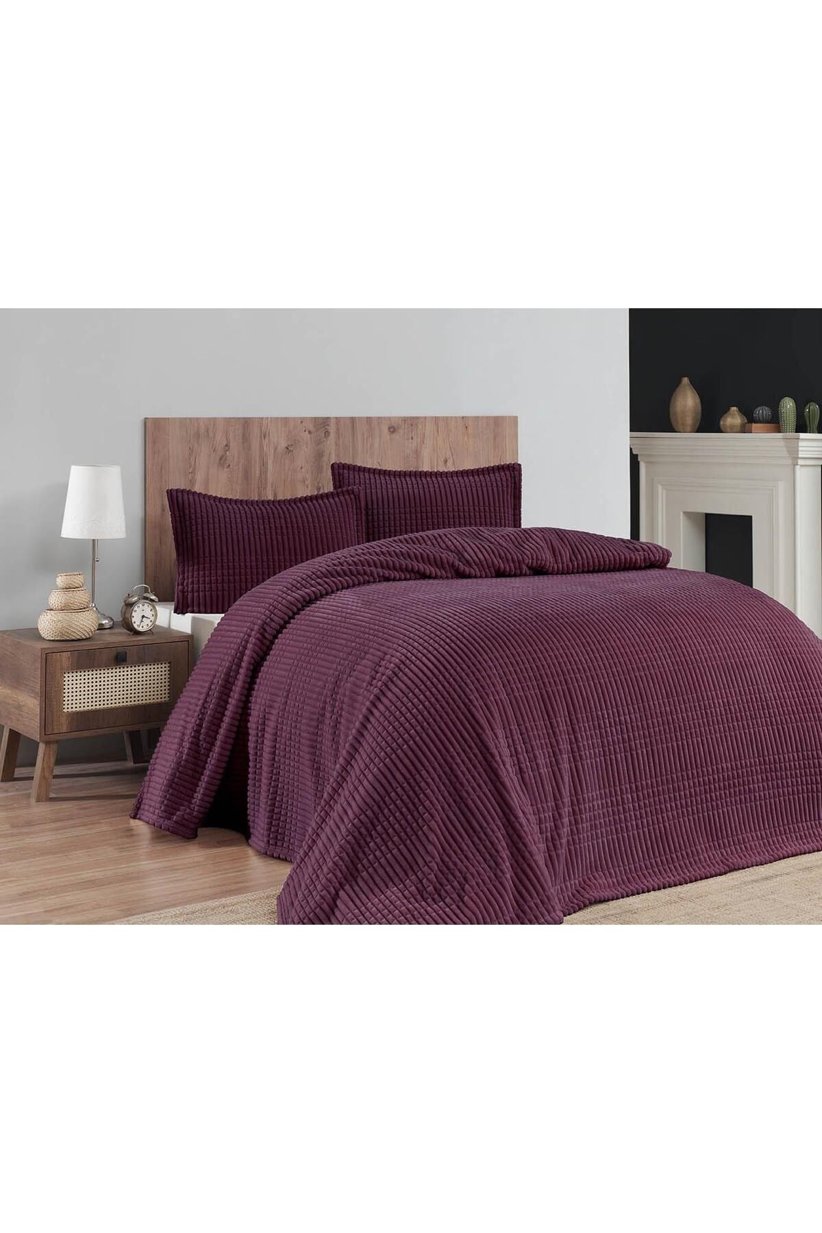 Modern Line 3 Parça Çift Kişilik Battaniye Seti Kutulu 220x240 Cherry