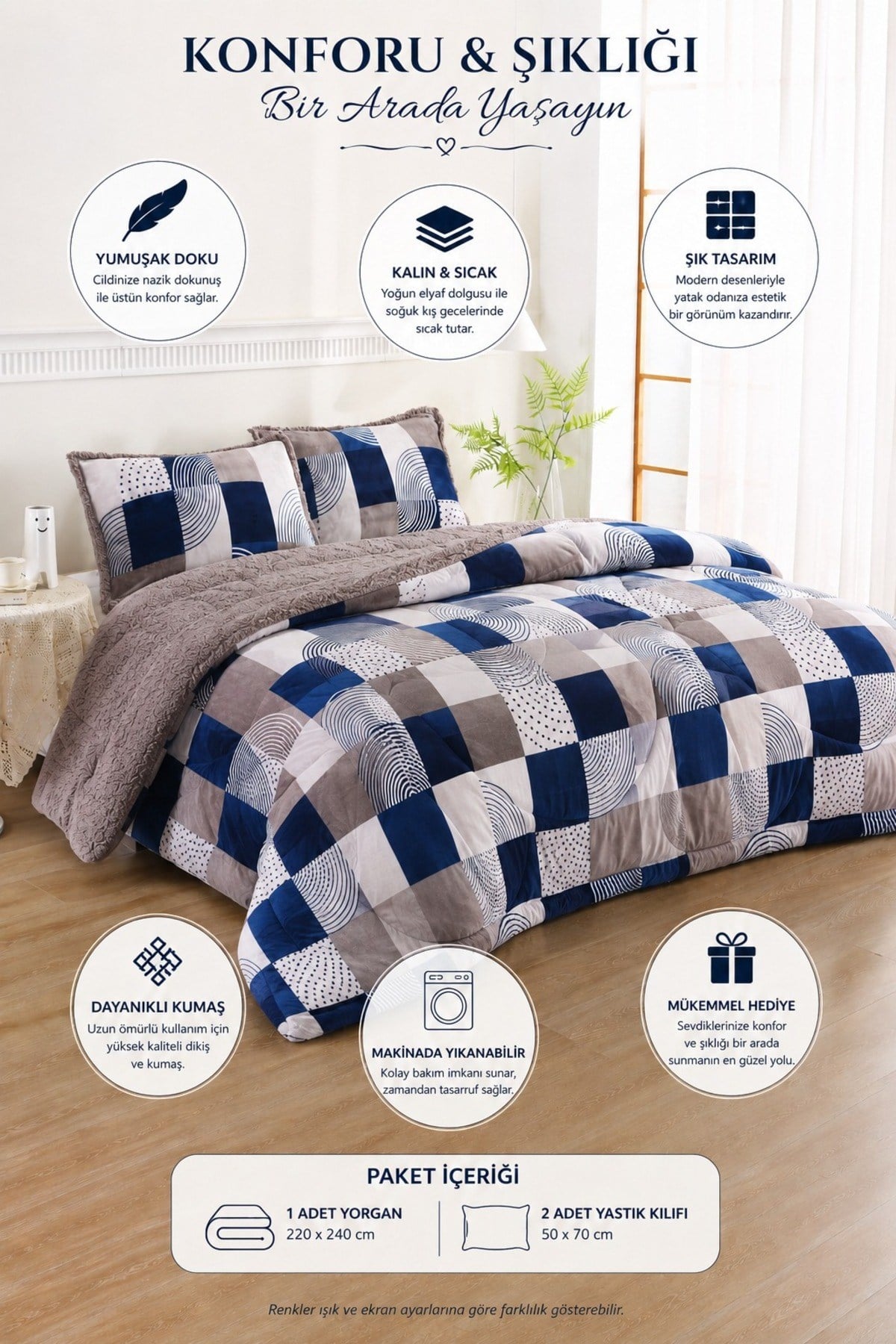 Osotto Çift Kişilik Desenli Comforter Yorgan Seti | 220x240 cm | Şık, Yumuşak Dokulu | Çeyizlik & Günlük Kullanım