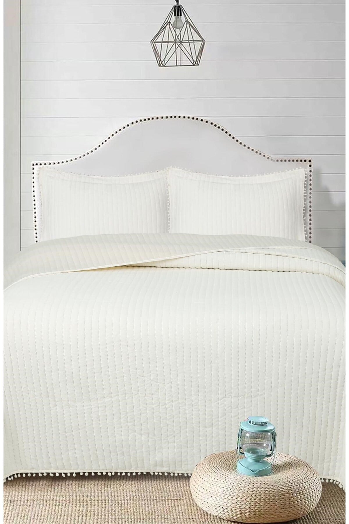 Ponponlu Çift Kişilik 3 Parça Yatak Örtüsü Seti -260x240 cm - Pvc Çantalı - Günlük ve Çeyizlik
