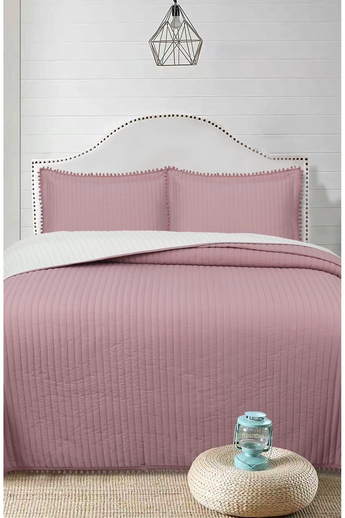 Ponponlu Çift Kişilik 3 Parça Yatak Örtüsü Seti -260x240 cm - Pvc Çantalı - Günlük ve Çeyizlik
