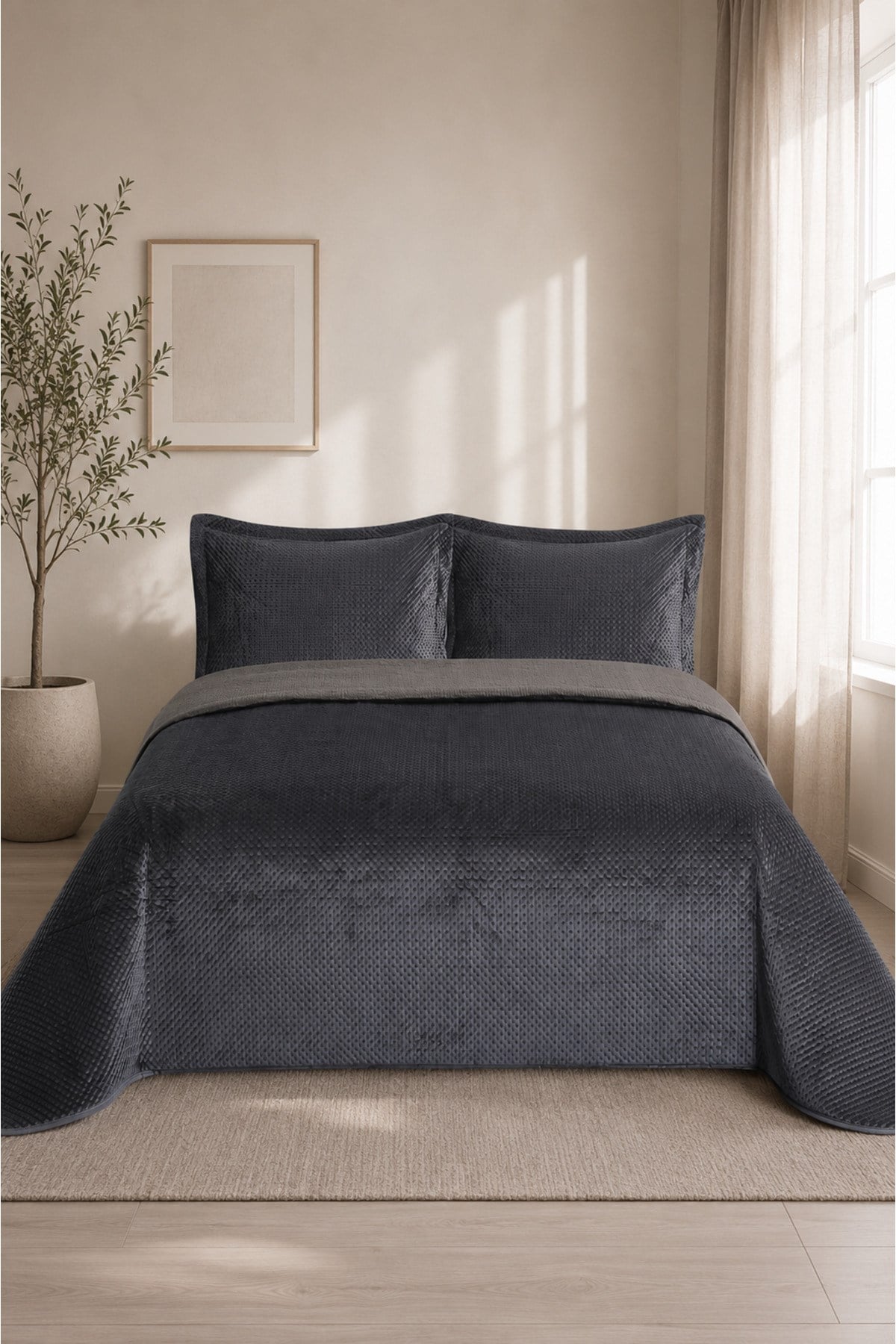 Premium Lüks Kadife Çift Kişilik Yatak Örtüsü Seti (3 Parça) - 240x260 cm - Pvc Çantalı