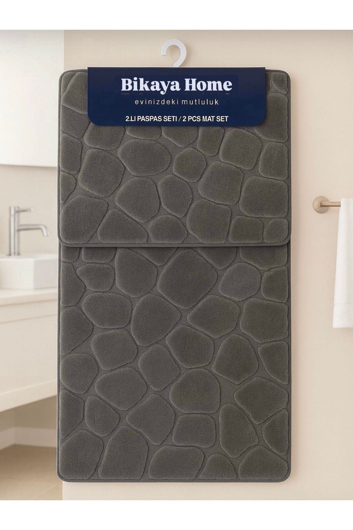 Yıkanabilir Kaymaz Dot Taban - 2'li Taş Desen Puffy Klozet Takımı - 60x100 cm 50x60 cm