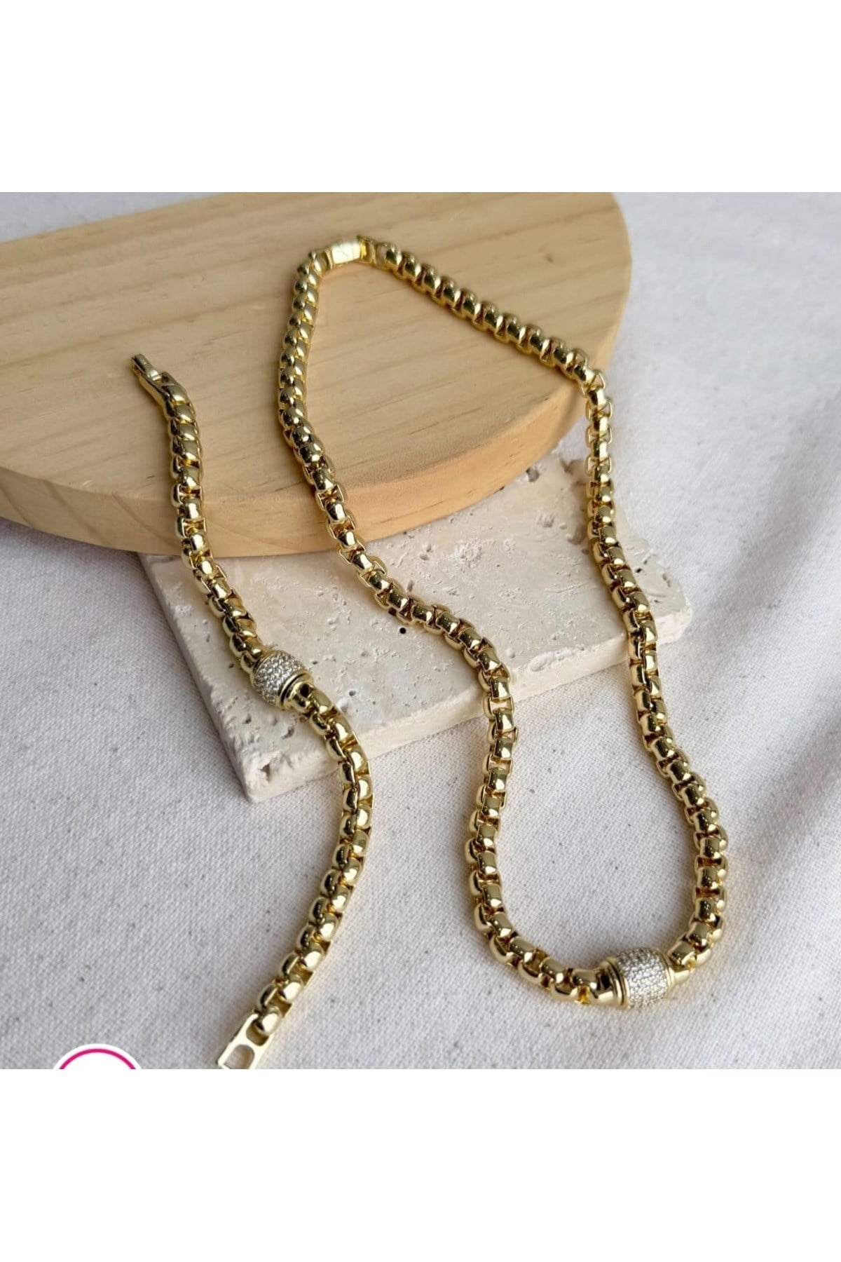 Zirkon Taşlı Gold Zincir Tasarım Kadın Çelik Kolye ve Bileklik Seti