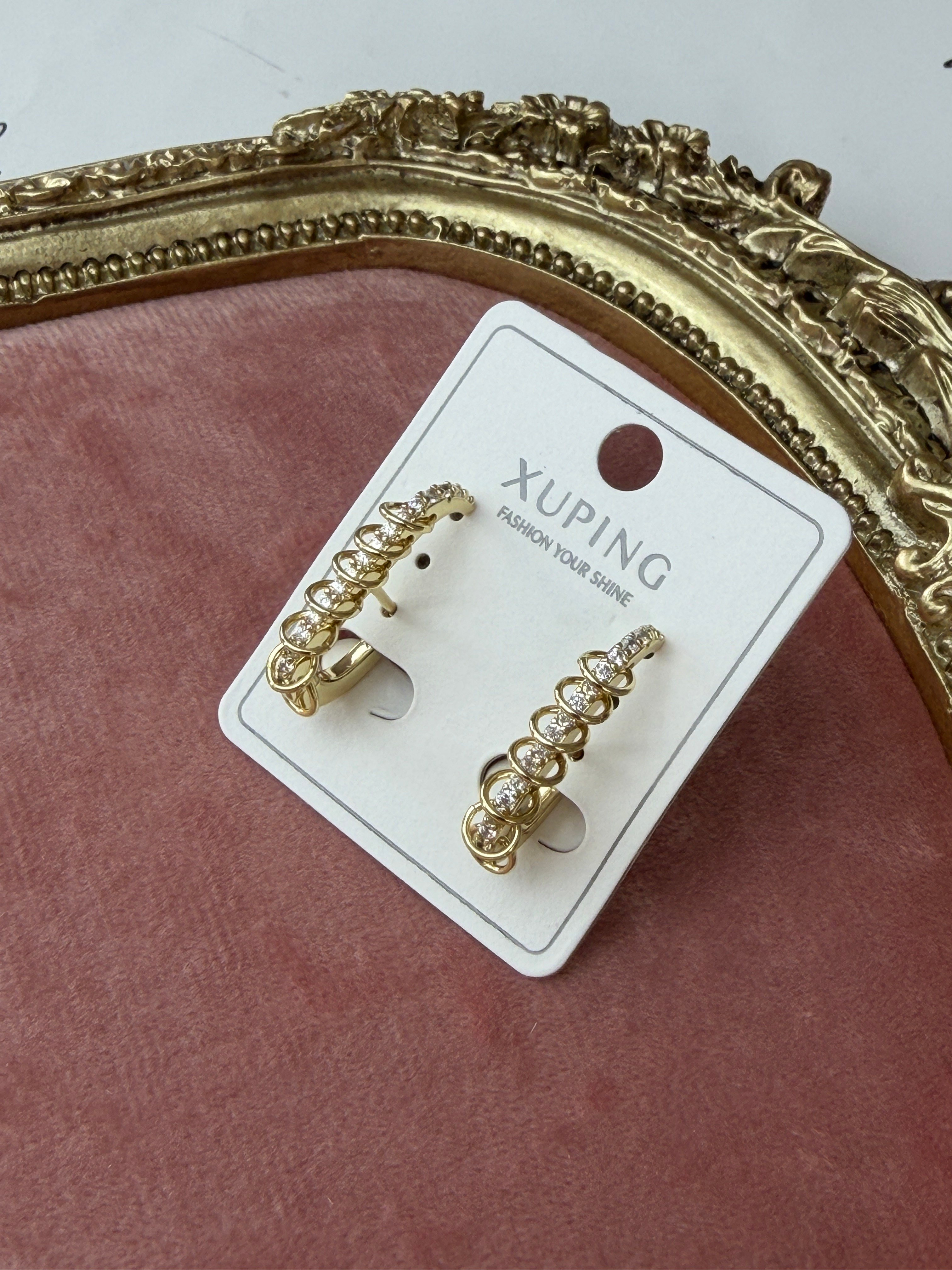 Xuping Zirkon Taşlı Gold Renk Modern Halka Küpe