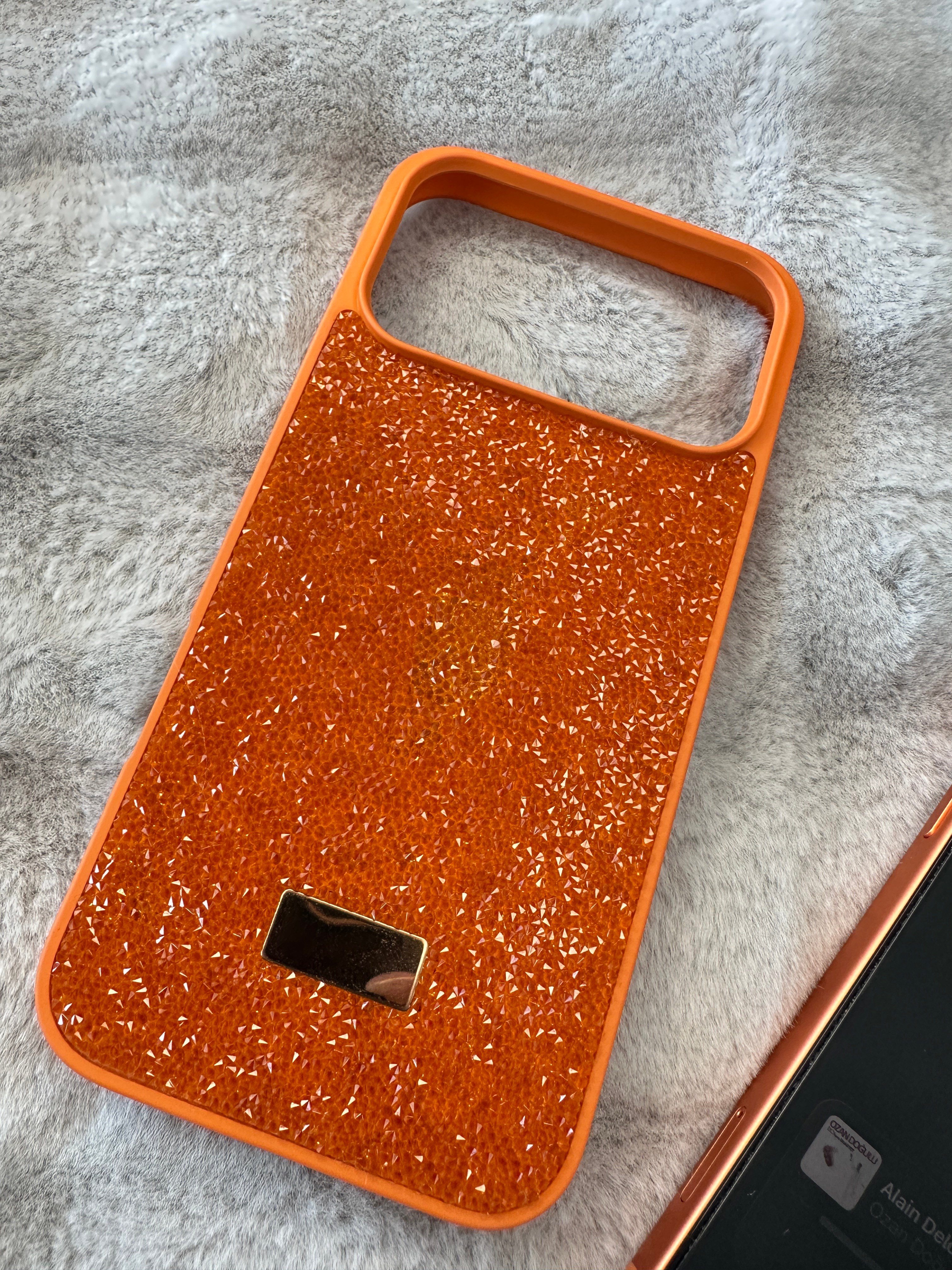 iPhone 17 Pro Max Uyumlu Turuncu Kristal Taş Görünümlü Şeffaf Kılıf