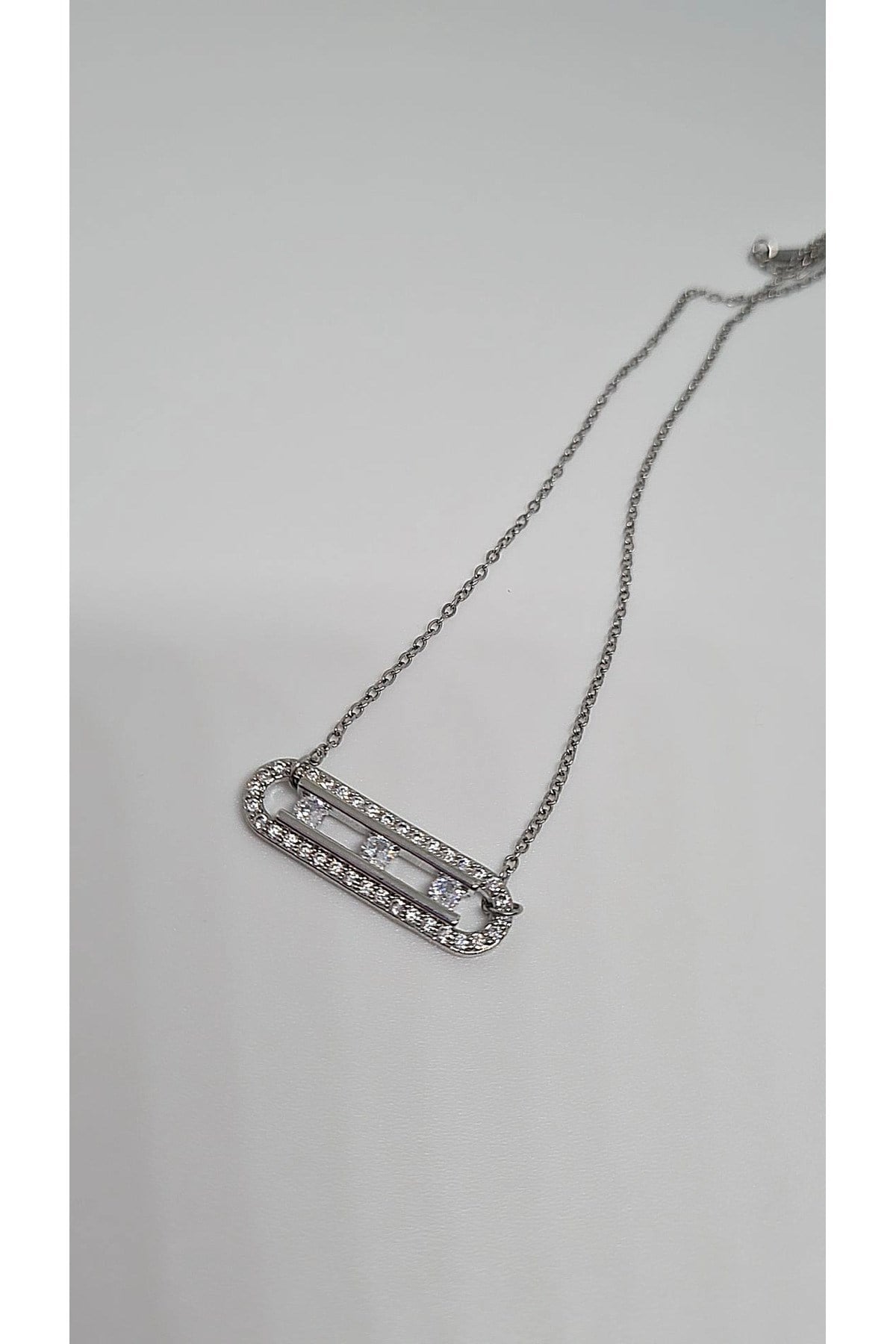 Çelik Silver Taşlı Dikdörtgen Form Kolye