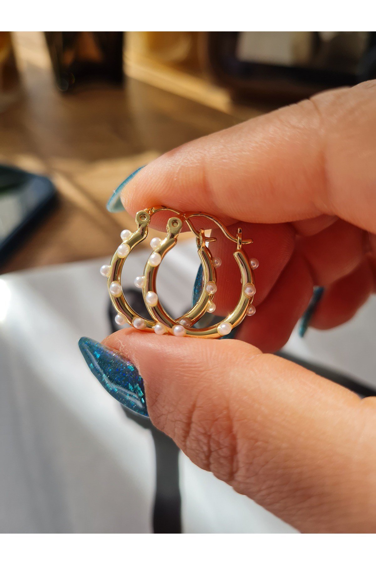 Özel Seri İnci Detaylı Gold Halka Küpe