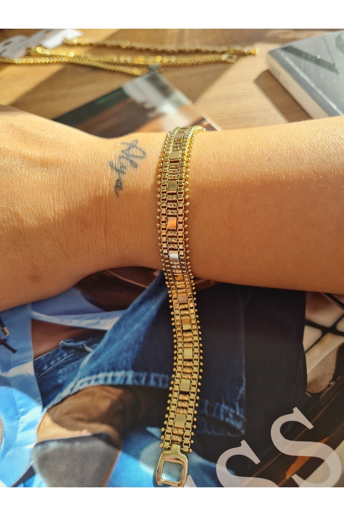 Çelik Gold Örgü Desen Bileklik