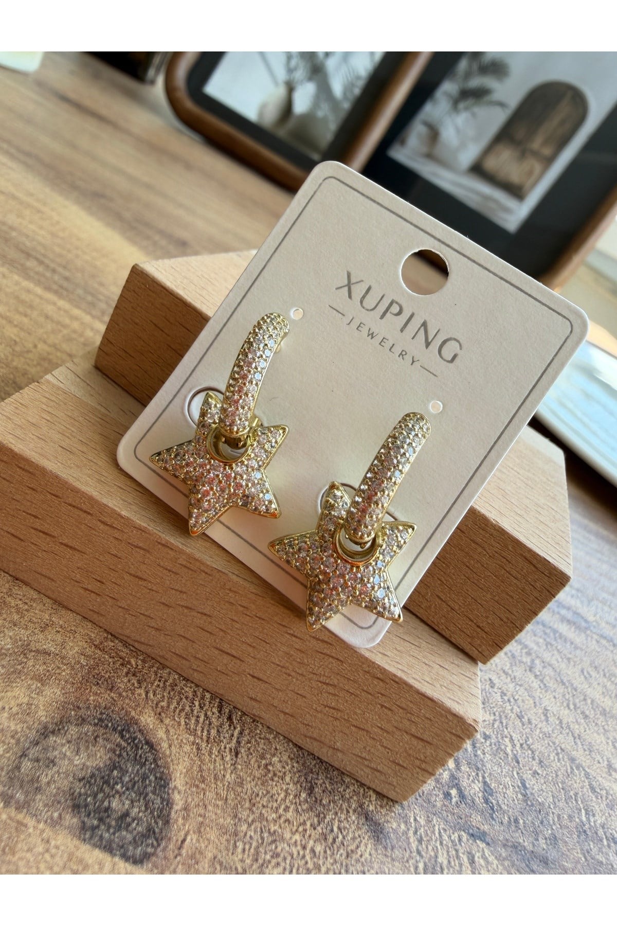 Gold Zirkon Taşlı Yıldız Sallantılı Halka Küpe | Işıltılı Kadın Küpe