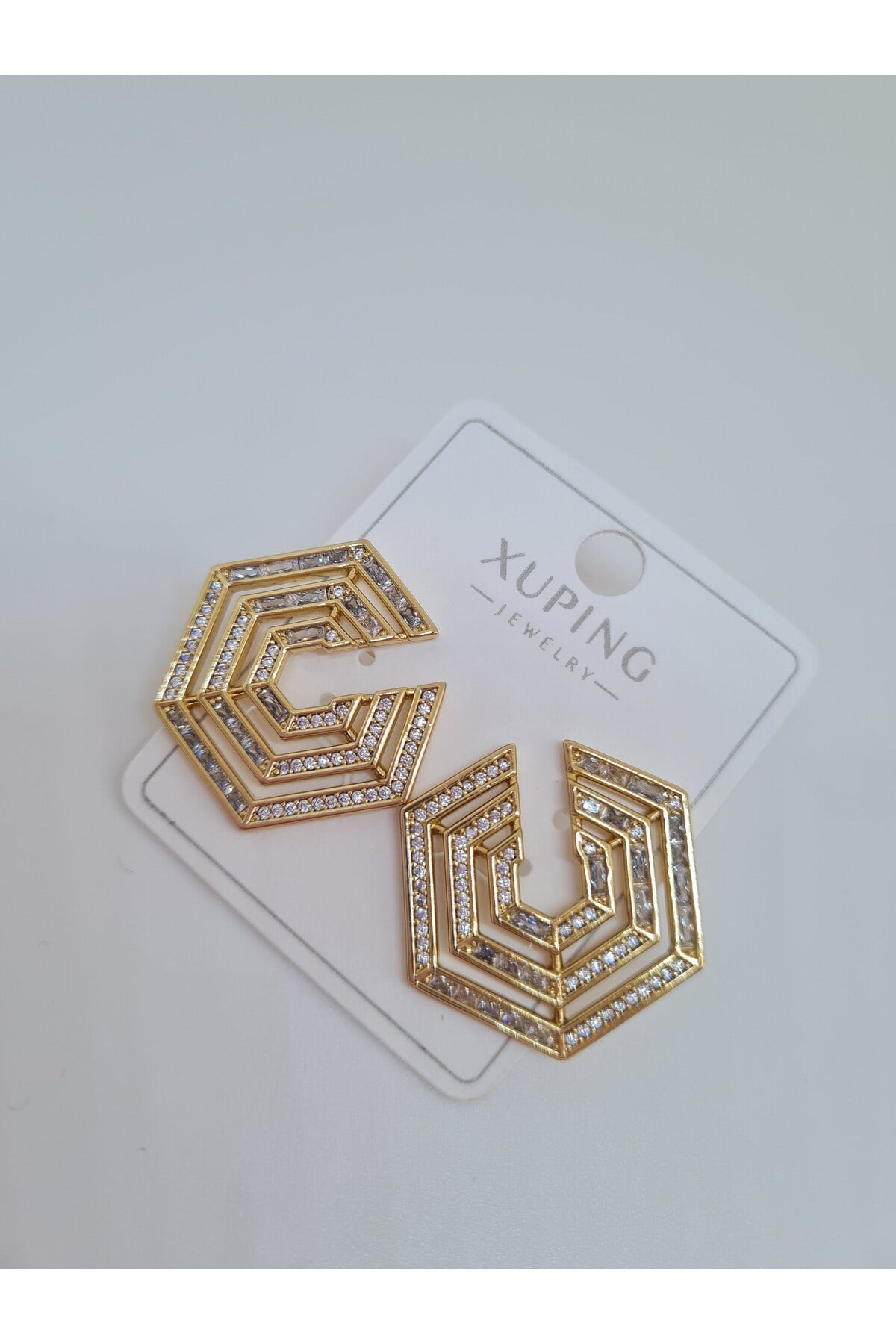Xuping Zirkon Taşlı İçiçe Geometrik Altıgen Gold Küpe