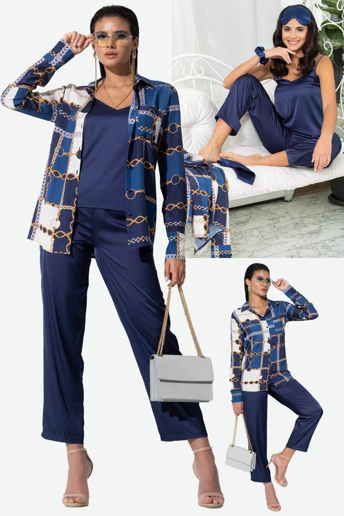 6'lı Hem İçeride Hem Dışarıda Zincir Desen Lacivert Pijama Takım · 2
