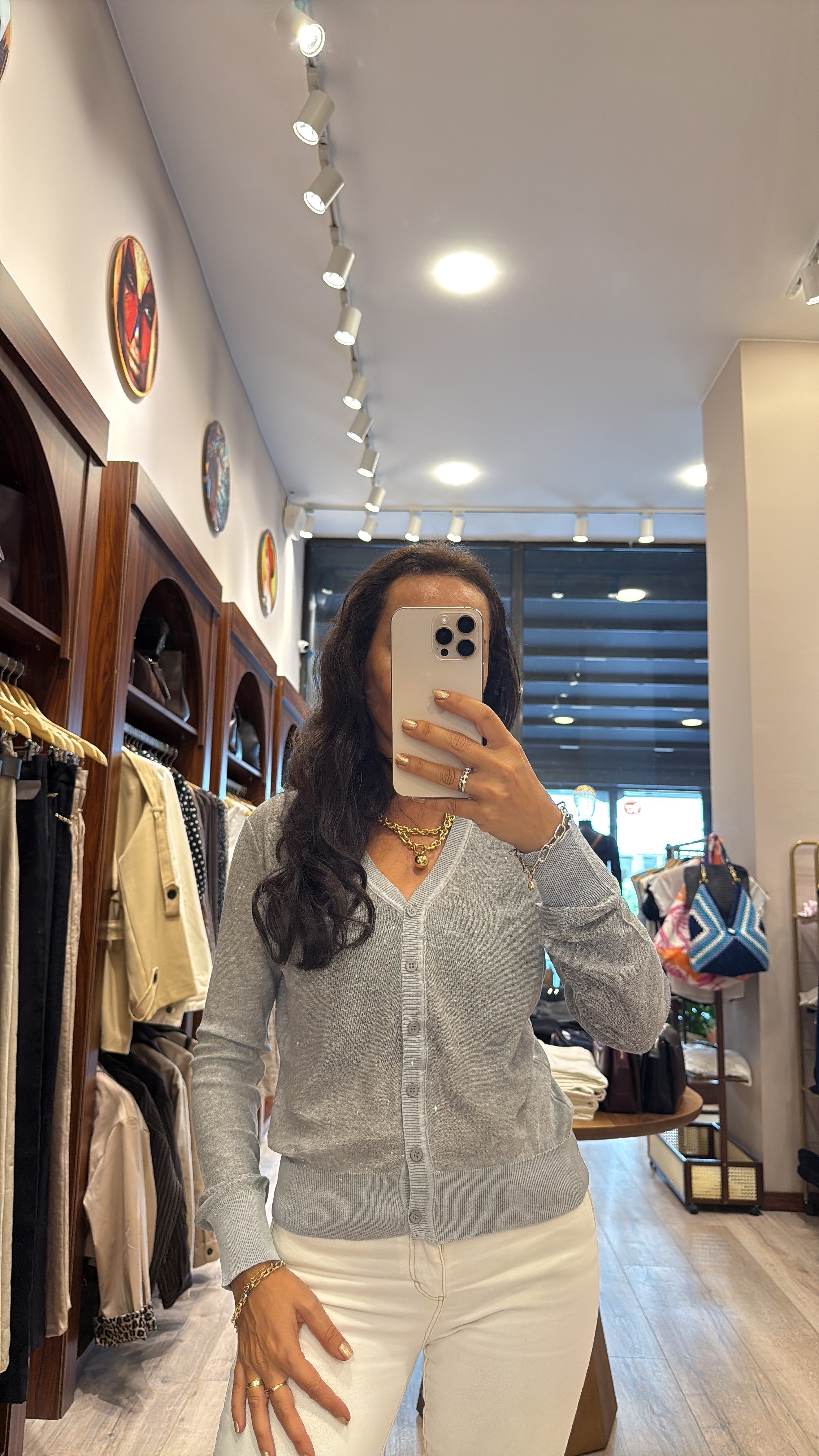 UZUN KOL SİMLİ TRİKO HIRKA -gümüş