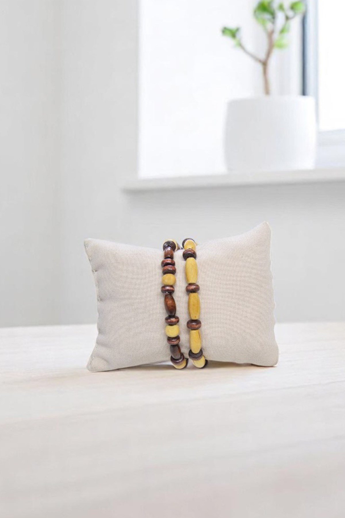 Kahve Krem Ahşap İkili Set Bileklik
