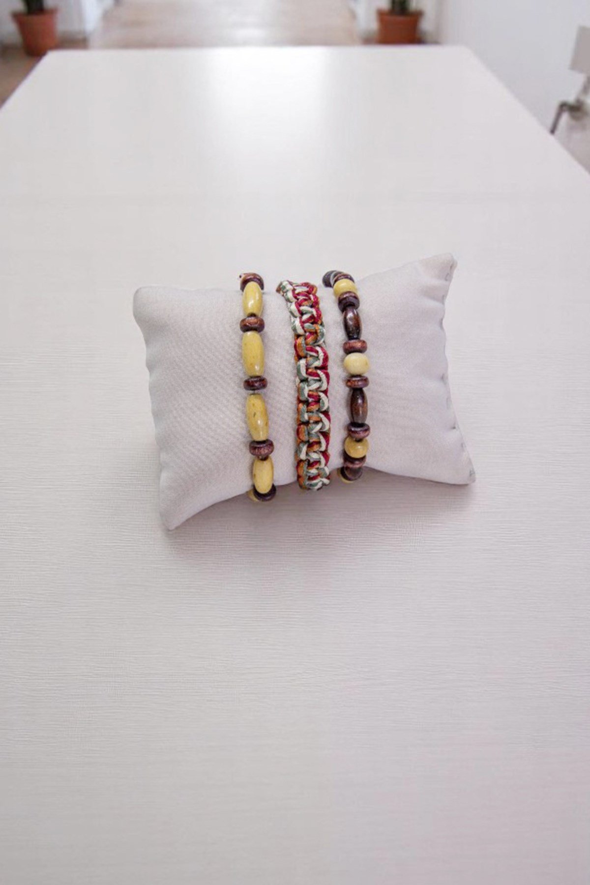 Kahve Krem Doğal Taşlı İpli Örgülü Üçlü Set Bileklik